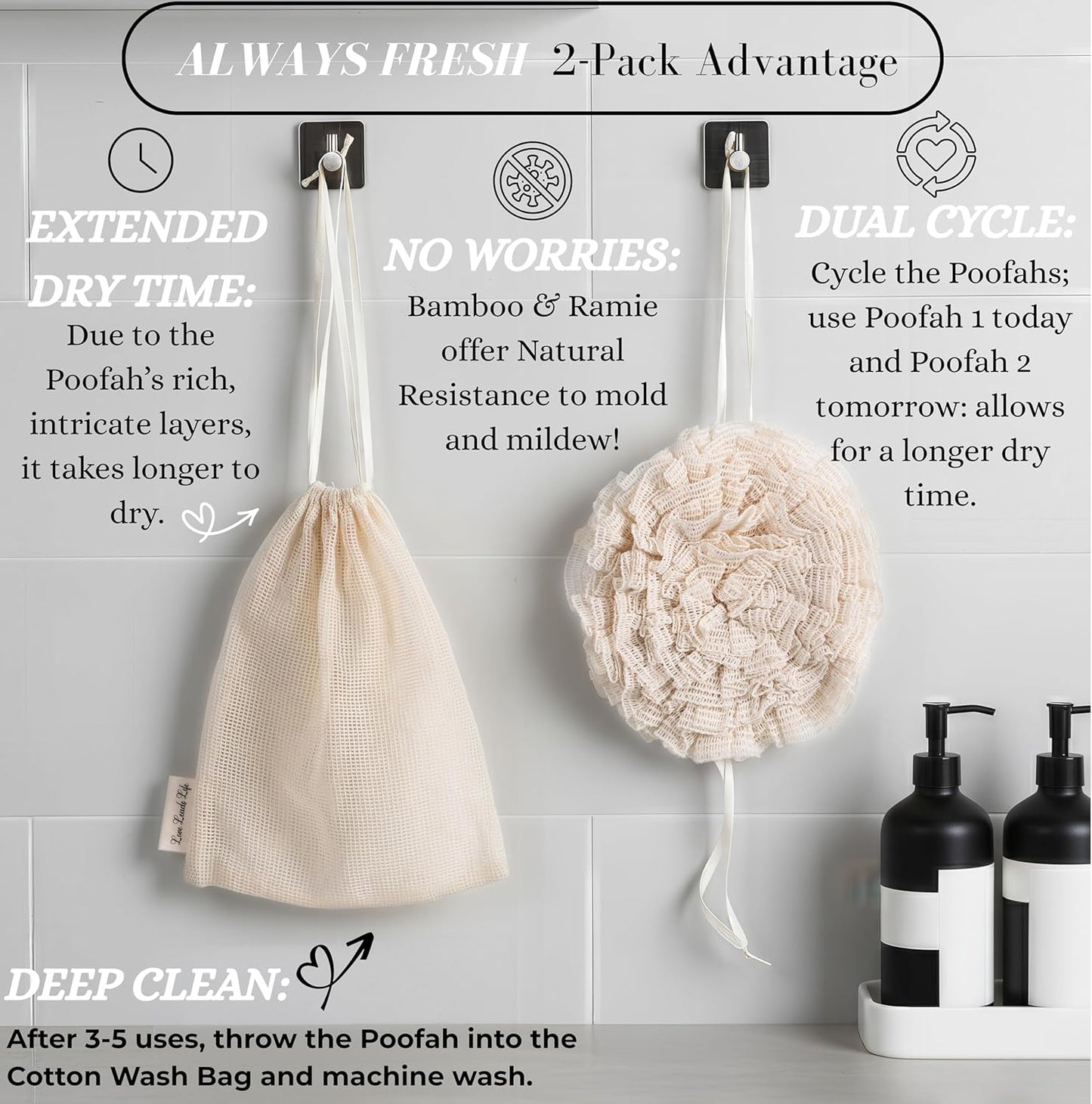 Bamboo Washcloth & Ramie Loofah – Dual‑Sided Body Scrubber for Bath & Shower – Patent Pending - Gentle Exfoliation, Sensitive Skin Spa Tool – Large Loofah with Bar Soap Pouch, Cotton Wash Bag, 2 Pack