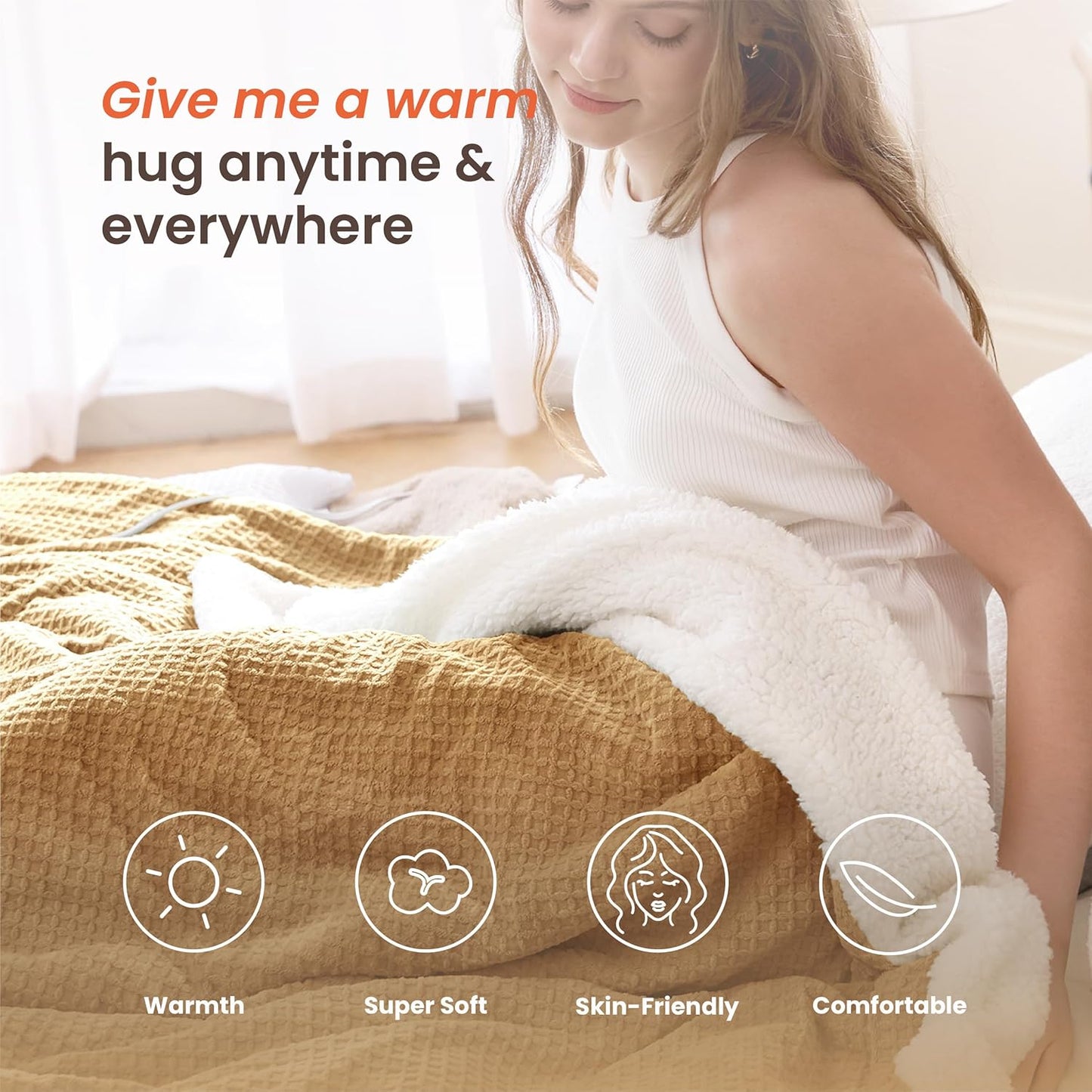 Heated Blanket Electric Blanket Full Waffle,72x84 Inches Sherpa Fleece Fast Heating Blanket 6 Heating Levels & 10 Hours Auto Off ETL Certification, Caramel Full