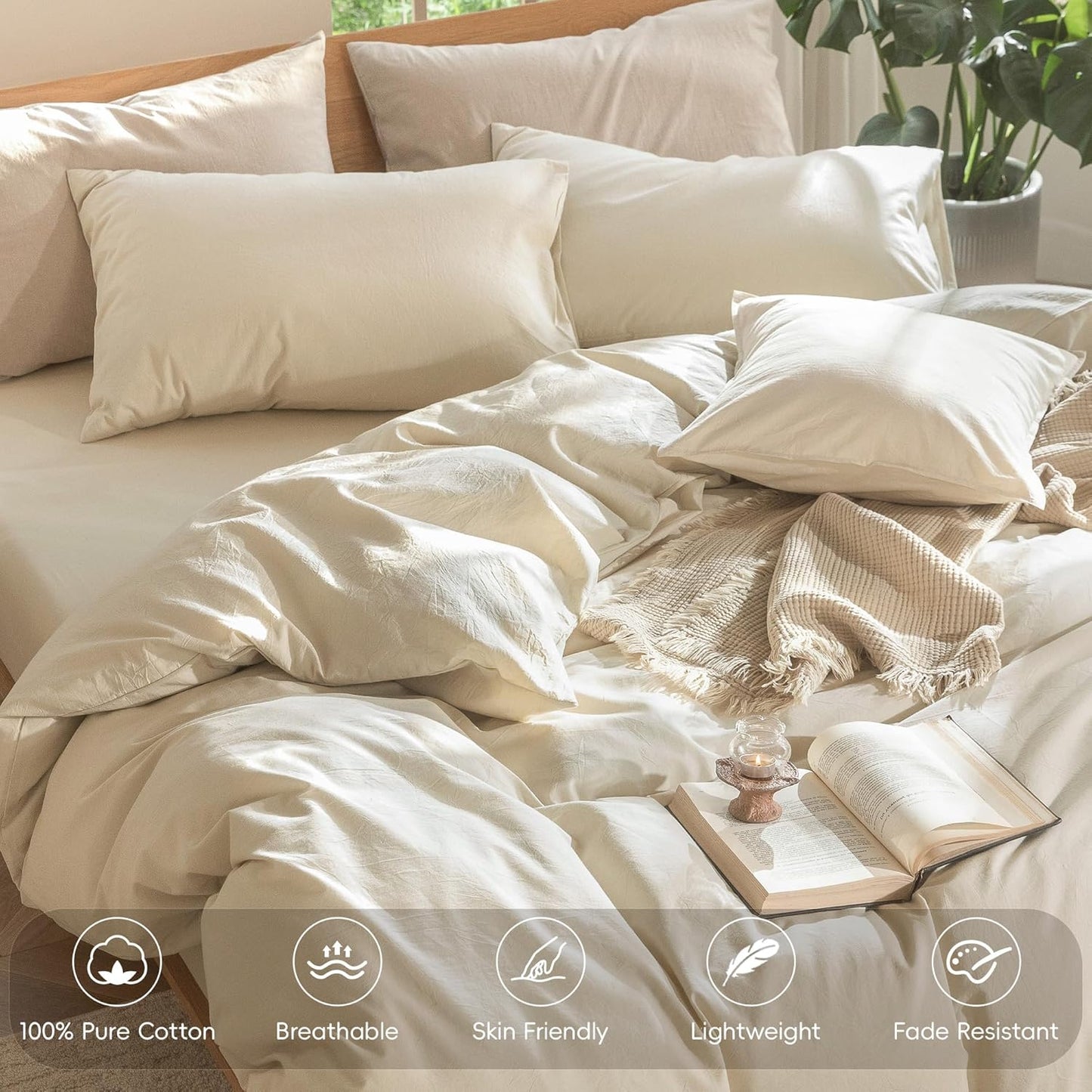 MooMee Bedding Duvet Cover Set 100% Washed Cotton Linen Like Textured Breathable Durable Soft Comfy (Heathered Almond Milk Grey, Cal King 104"x98")