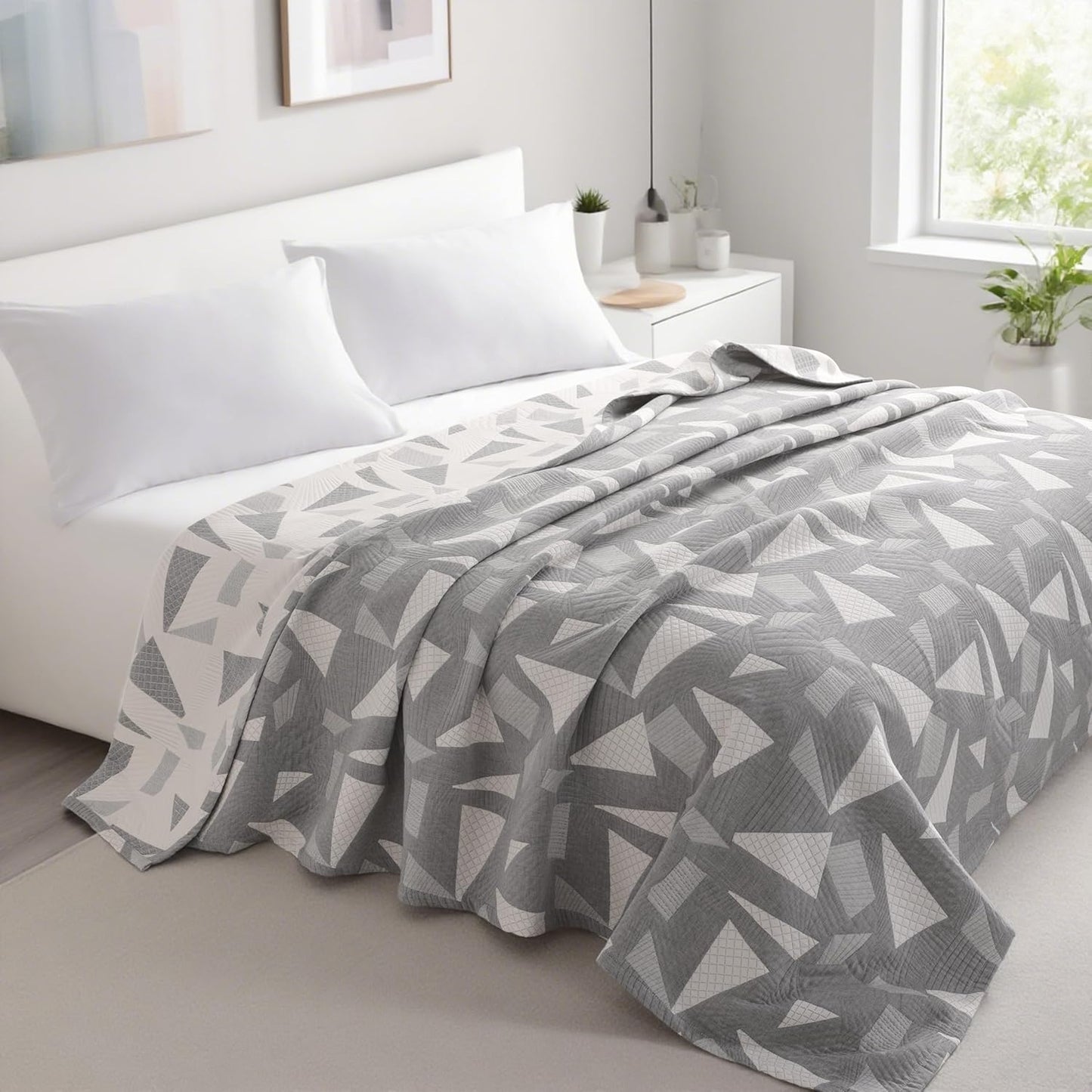NTBAY 3 Layers Cotton Muslin 88x92 Queen Bed Blanket, Super Soft Breathable Thermal Yarn Dyed Quilt for Adults, Perfect Lightweight Blanket for Couch Sofa Bed All Seasons, Grey Triangle