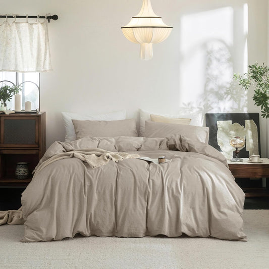 FOSSA Duvet Cover Set 100% Washed Cotton Linen Feel Super Soft Breathable Cozy 3 Pieces Bedding Sets Solid Tannish Linen Grey Super Queen
