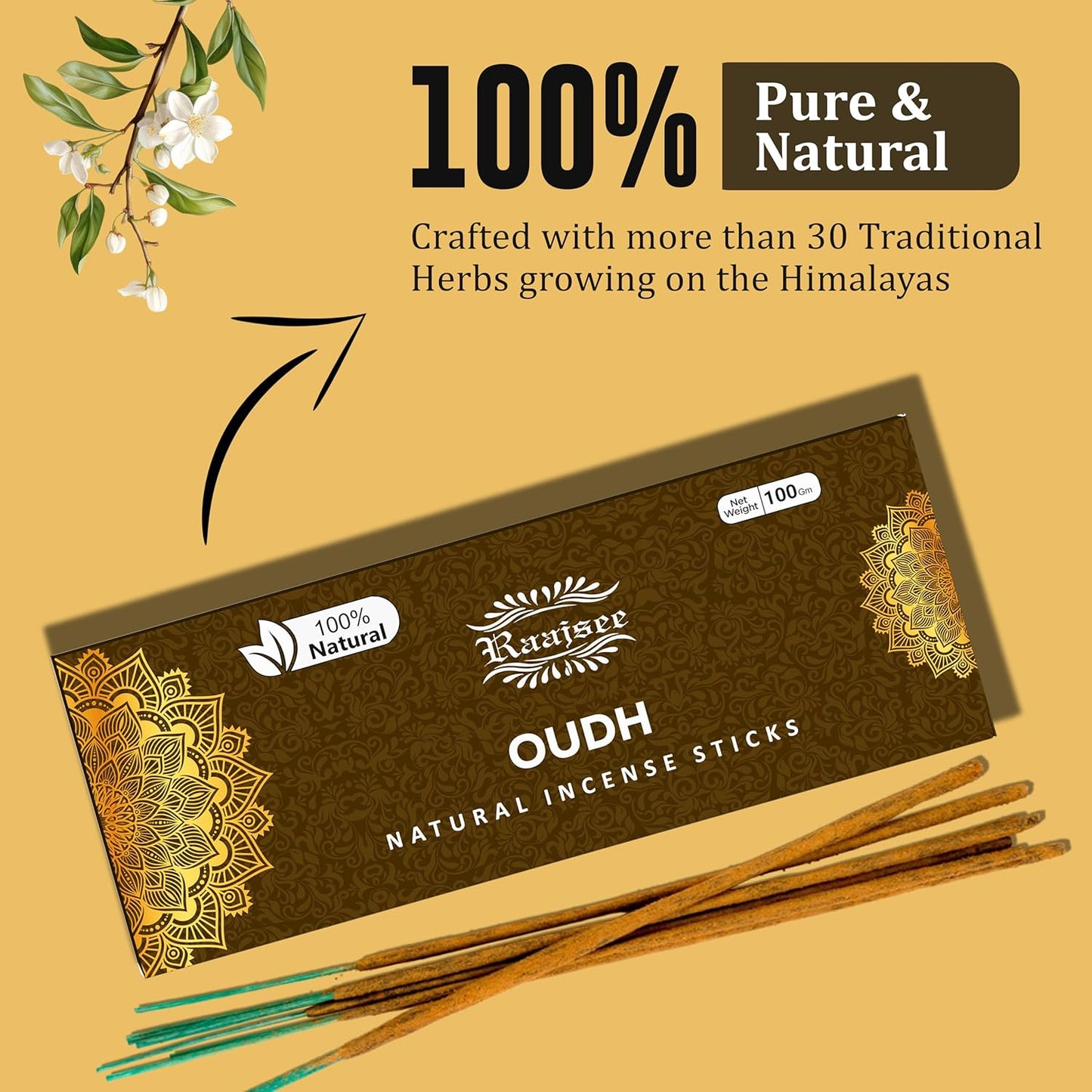 Pure Oud Agarwood Incense Sticks, 100%-Natural Charcoal Free Organic Non Toxic Clean Burning Handmade Insence Sticks 100 gm Pack, Raajsee Meditation Gifts – Spritual Cleansing