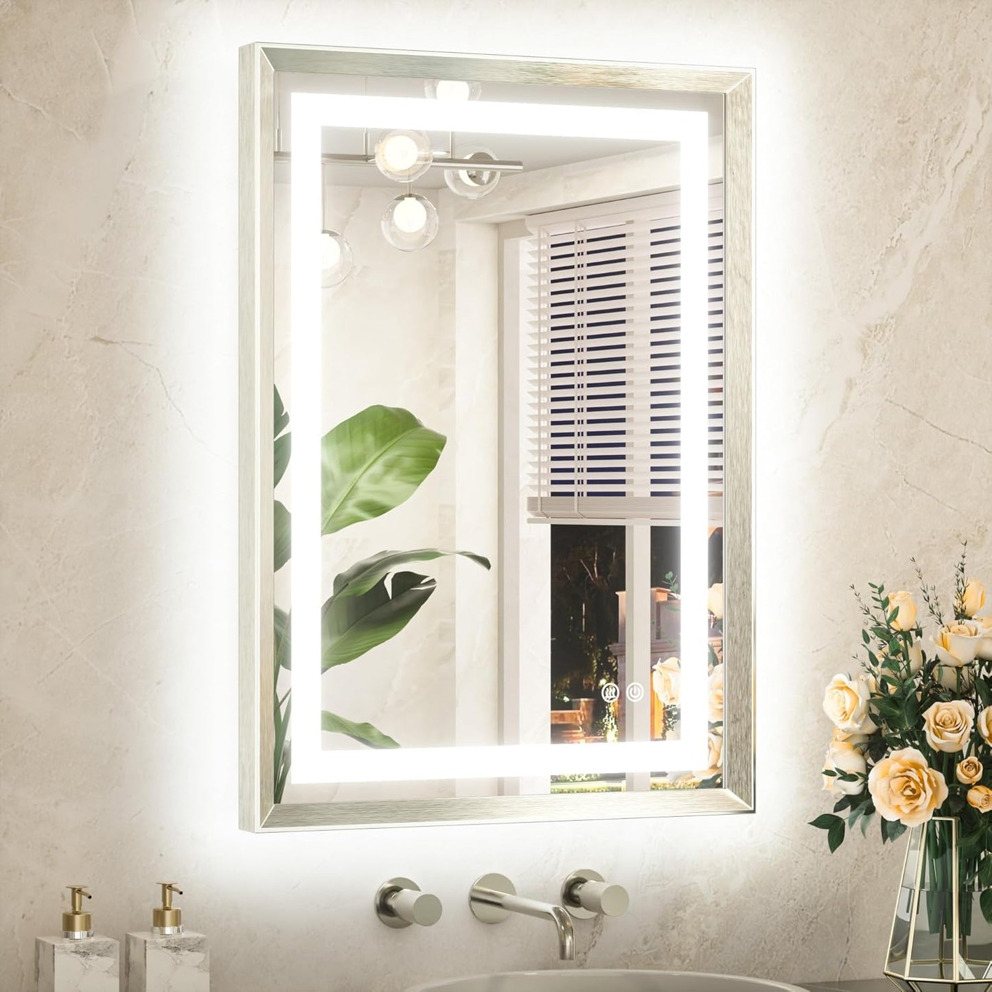 TETOTE 22 x 30 Bathroom LED Mirror Brushed Bright Nickel Metal Frame Frontlit & Backlit Vanity Mirror Anti-Fog Stepless Dimmable 3 Colors White/Warm/Natural Mirror with Lights Wall-Mounted