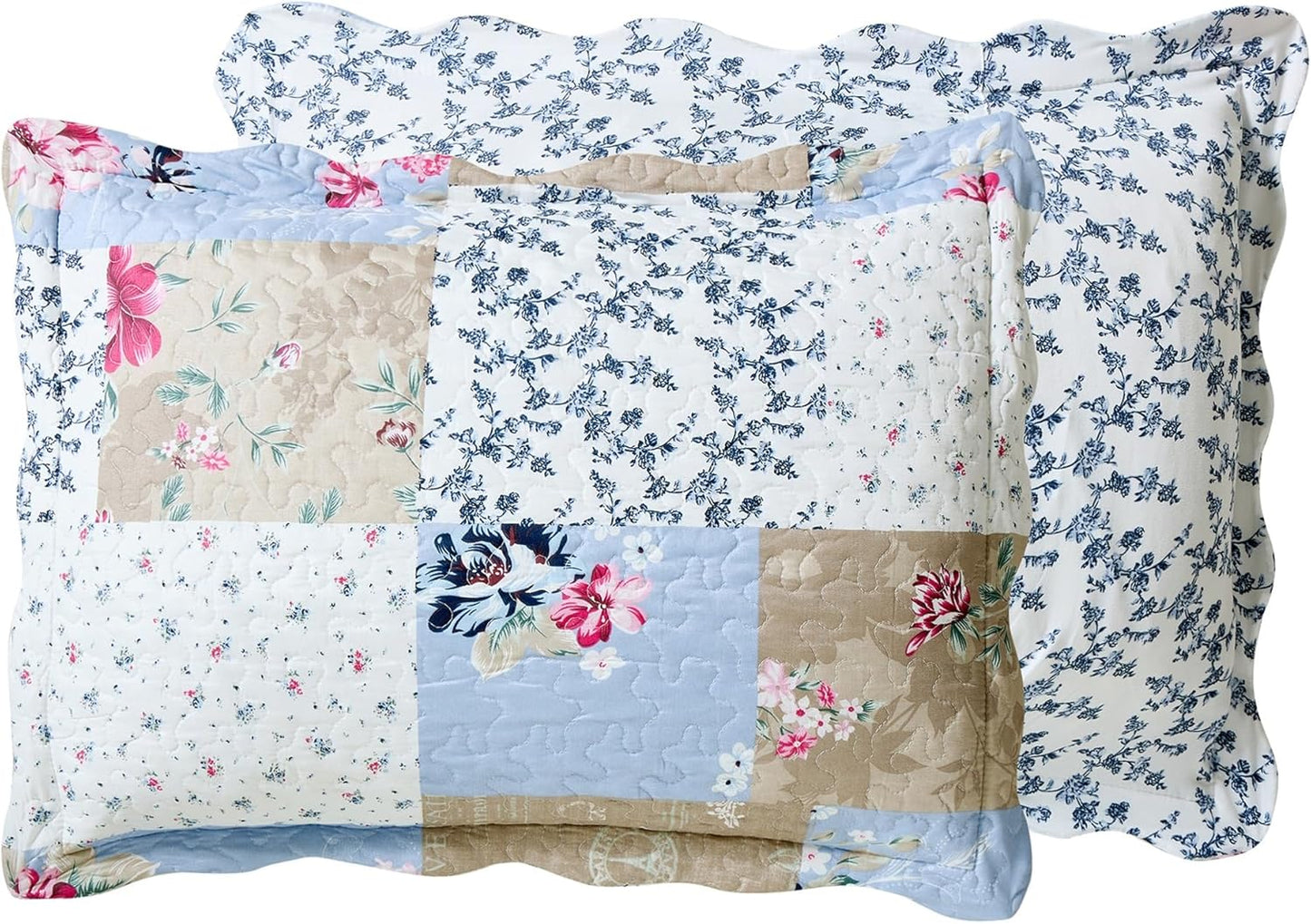 Brilliant Sunshine Pink and Blue Roses Toile Quilt Set, 3-Piece Bedding Sets, Lively Patchwork Design, Washable, Reversible Bedspread, Soft Lightweight Coverlet, All-Season, Full/Queen, Blue Natural