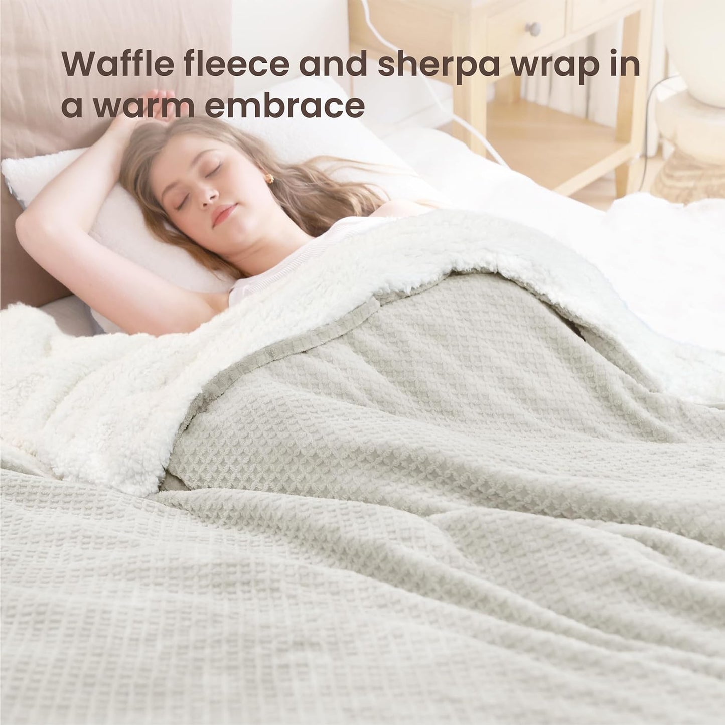 Heated Blanket Electric Blanket Full Waffle,72x84 Inches Sherpa Fleece Fast Heating Blanket 6 Heating Levels & 10 Hours Auto Off ETL Certification,Beige Full