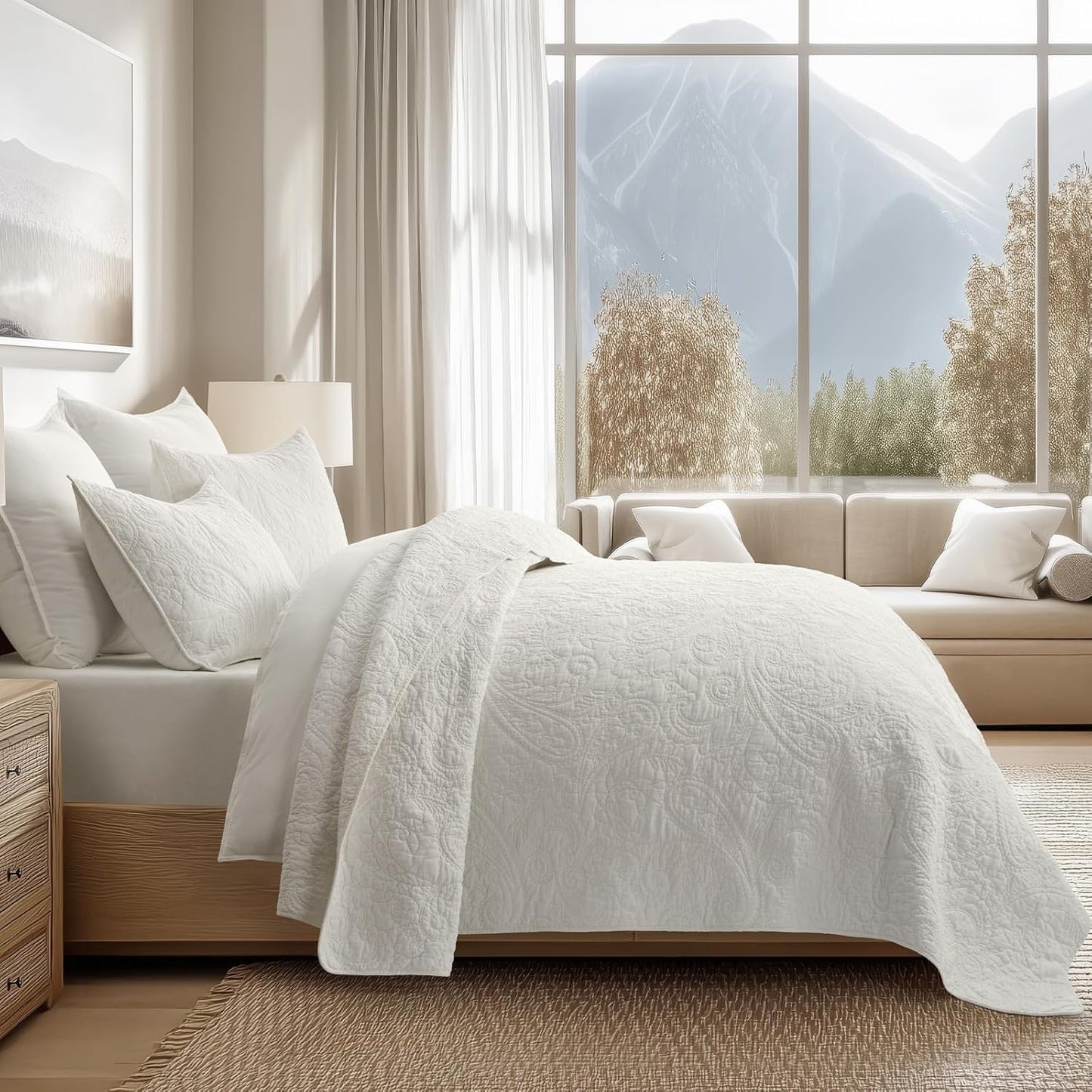 EVERGRACE 100% Cotton Paisley Quilt Set, King Size 3 Piece Set – Prewashed Lightweight Bedspread with 2 Shams, Soft & Breathable Matelasse Coverlet for All-Season Comfort, Bright White