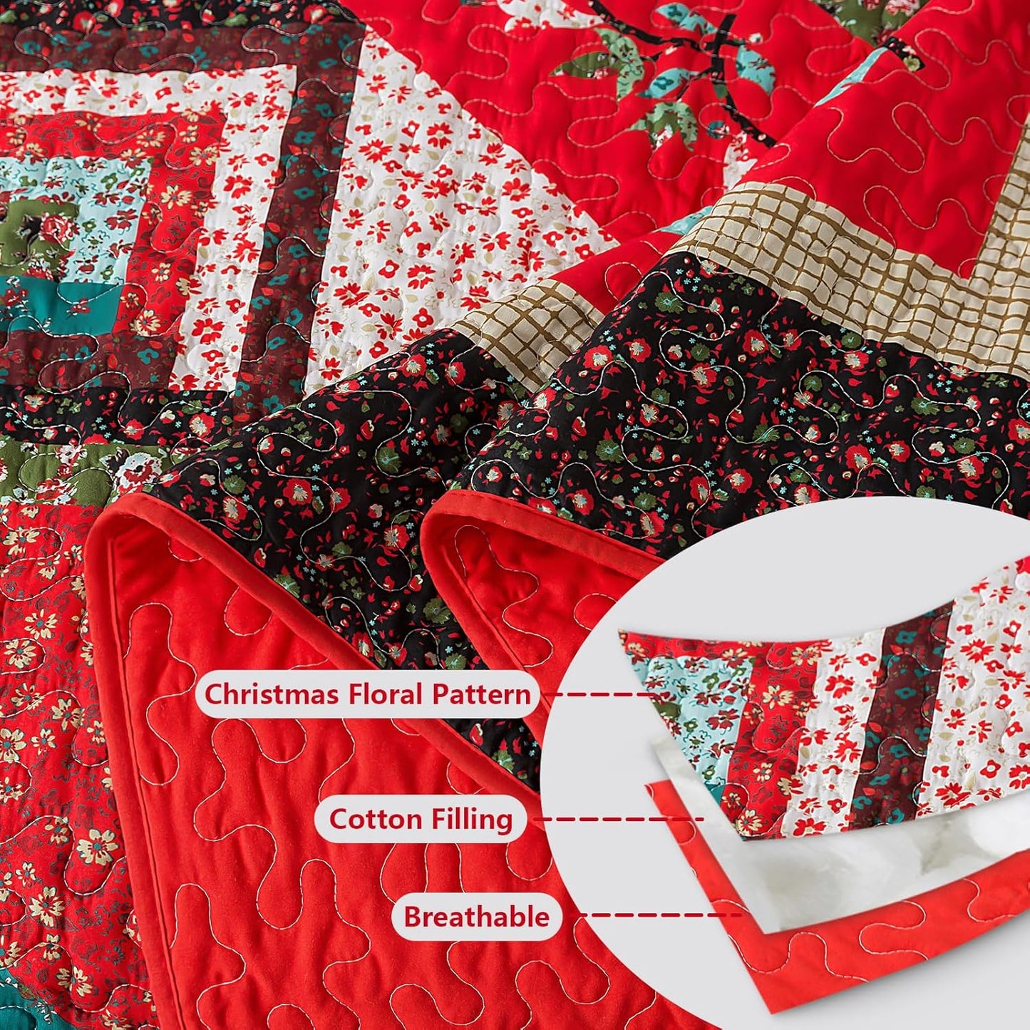 BEDIFANY Christmas King Size Quilt Set - Cotton Bedspreads King for Bed - Lightweight Farmhouse King Quilt Bedding Sets for All Seasons, 3 Pieces
