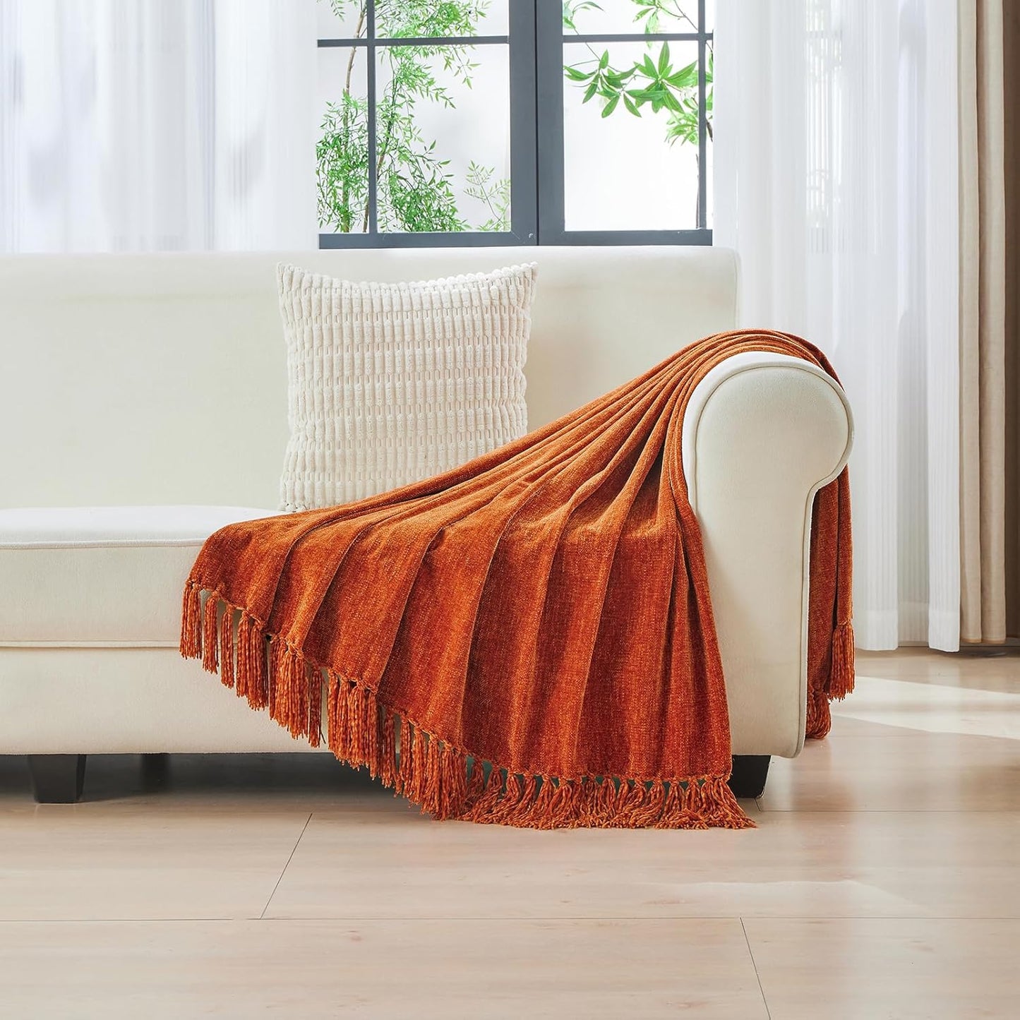 CozeCube Chenille Throw Blanket for Couch, Cozy Plush Fuzzy Decorative Rust Orange Blanket with Fringe Tassels, Lightweight Throws for Bed Sofa Gift Home Decor, 60"X80"