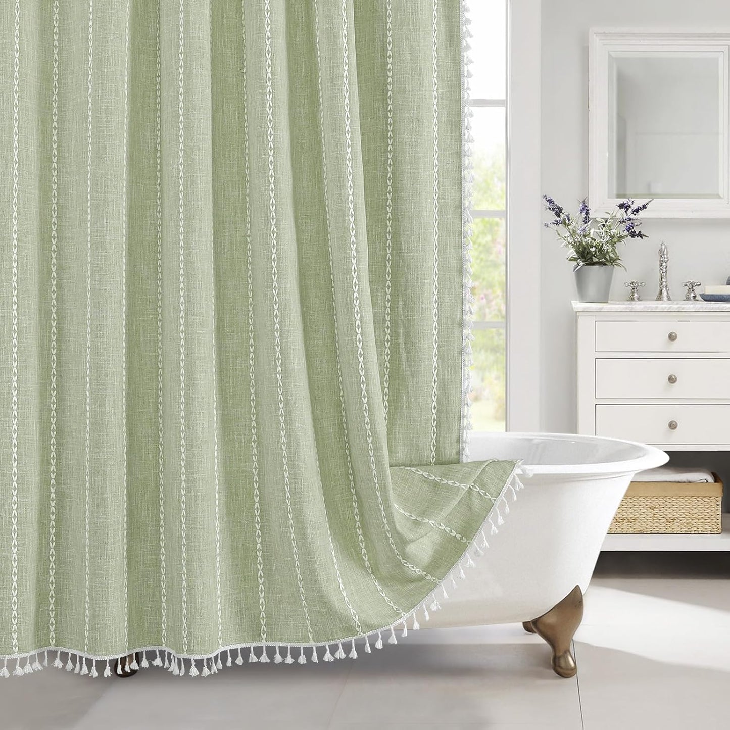 MitoVilla Boho Extra Long Shower Curtain 72 x 96, SageGreen Modern Farmhouse 96 inch XL Polyester Linen Texture Tassel Fabric Shower Curtain Set with Hooks for Cottagecore Country Bathroom Decor