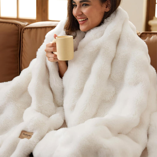 Bedsure GentleSoft Fluffy Faux Fur Blanket Twin Size, Fuzzy Soft Bubble Blanket for Couch, Faux Fur Decor for Home Bedroom Living Room, Thick Furry Cozy Gifts for Women, Cream, 60x80 Inch