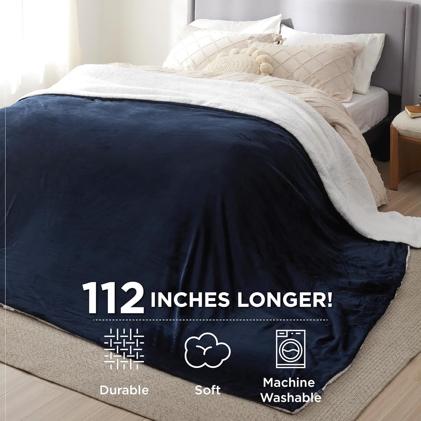 Bedsure GentleSoft Sherpa Fleece Oversized Cal King Blankets for Bed - Thick and Warm Throw for Women and Men, Soft Fuzzy Plush Large Blanket for Winter, Navy, 112x98 Inches