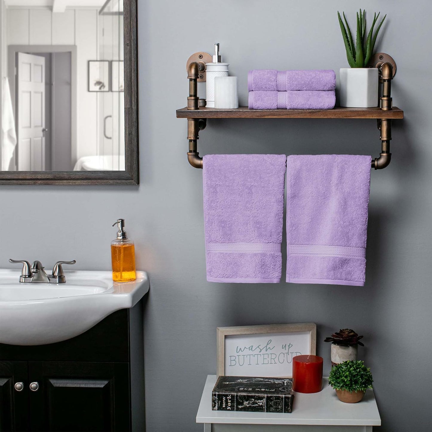 Superior Egyptian Cotton Pile Hand Towel Set of 4, Ultra Soft Luxury Towels, Thick Plush Essentials, Absorbent Heavyweight, Guest Bath, Hotel, Spa, Home Bathroom, Shower Basics, Purple