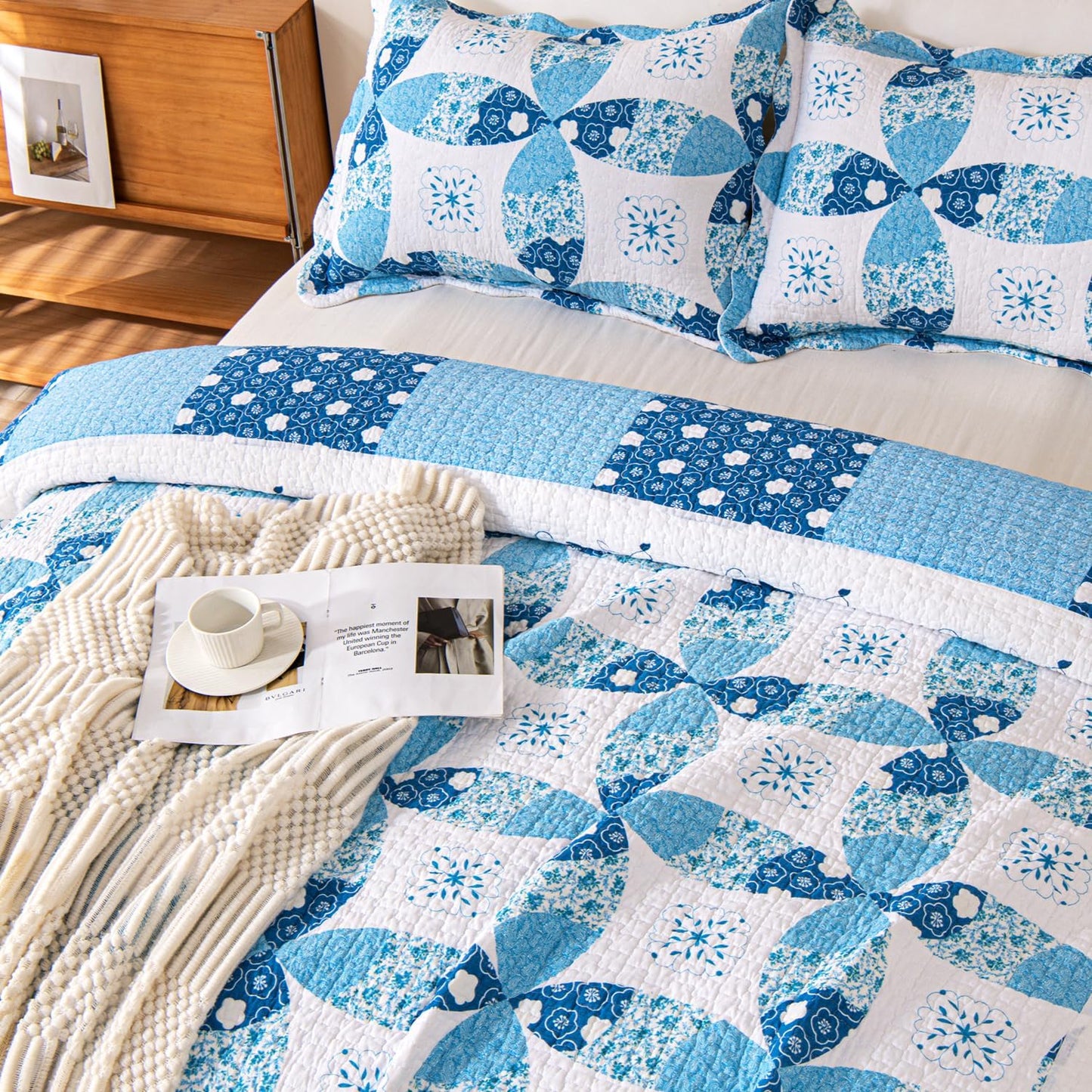 Cmfshape Blue Quilt Sets Bedspread Set 100% Cotton Patchwork Coin Pattern Bedding Set,All Season Use Lightweight Reversible Coverlet Quilts with 2 Pillow Shams(Queen 92"x96")