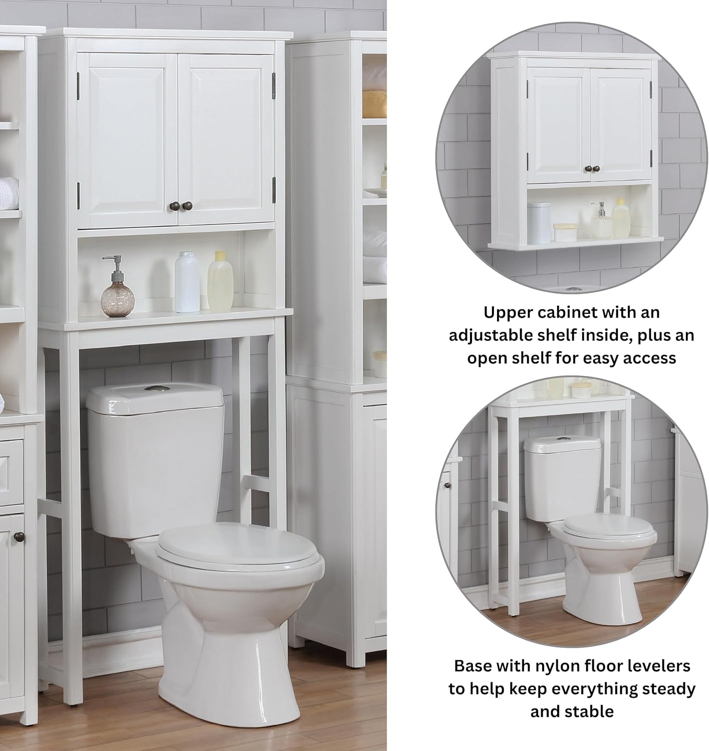 Alaterre Furniture Dorset Over-The-Toilet Storage Cabinet Set – Bathroom Organizer with Adjustable Shelf, Open Display Shelf, Zinc Hinges, and Nylon Floor Levelers (White)