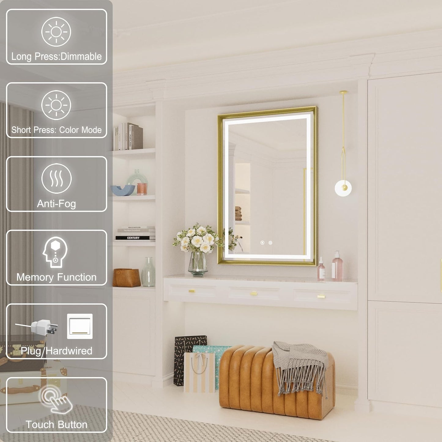 24x36 Inch Gold LED Mirror for Bathroom, 3 Color Temperatures (3000K/4500K/6000K), Anti-Fog, Dimmable Lights, Memory Function, Horizontal/Vertical Wall Mounted