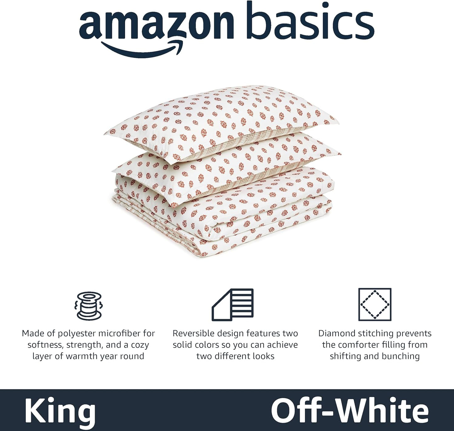 Amazon Basics Lightweight Microfiber Comforter Sets, 3-Pieces, Off White, Floral, King