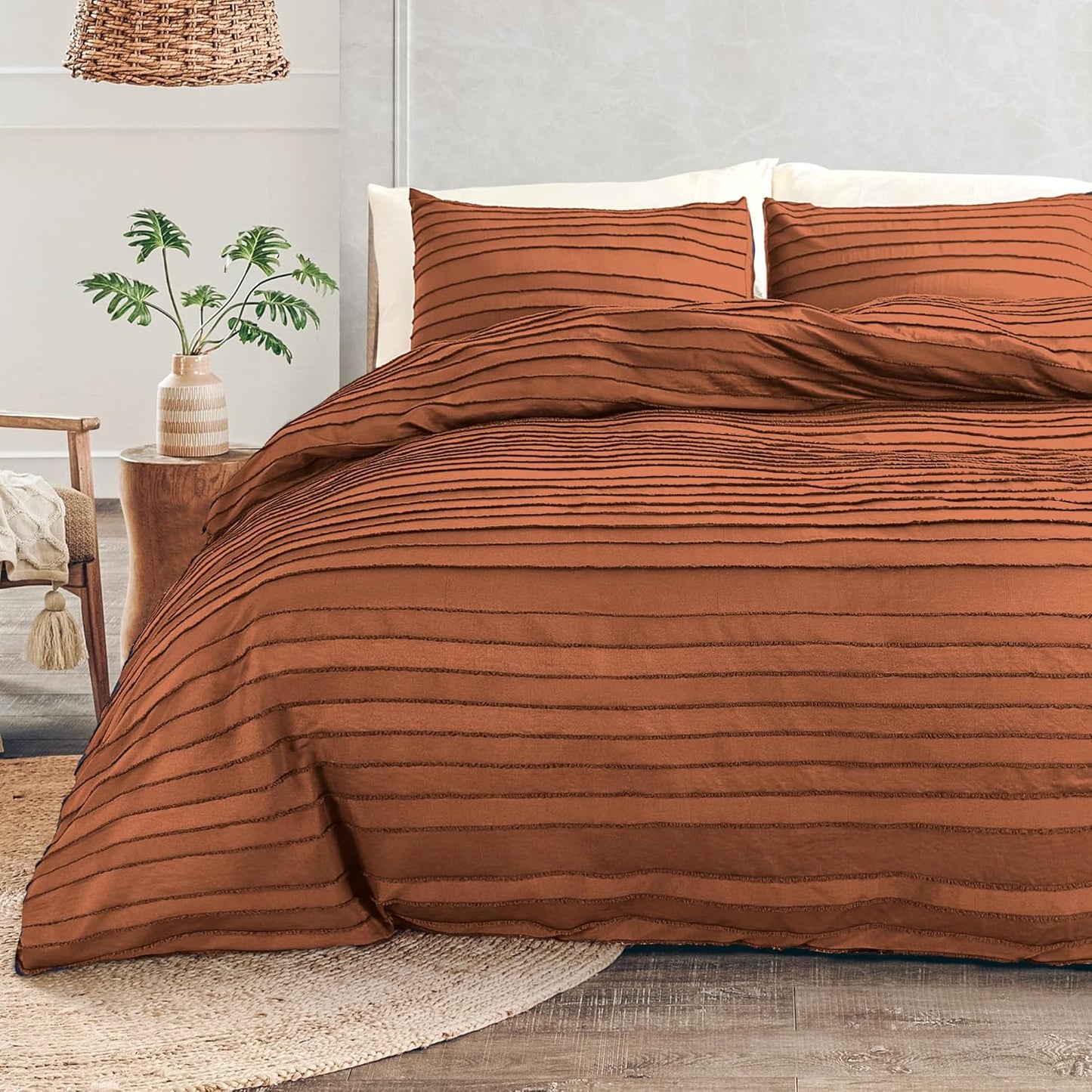NEXHOME PRO Duvet Cover King Size, Brunt Orange 3 Pieces Boho Tufted Duvet Cover Set, Soft and Lightweight Microfiber Comforter Cover Set for All Season (Brunt Orange King, 104 x 90)-No Comforter