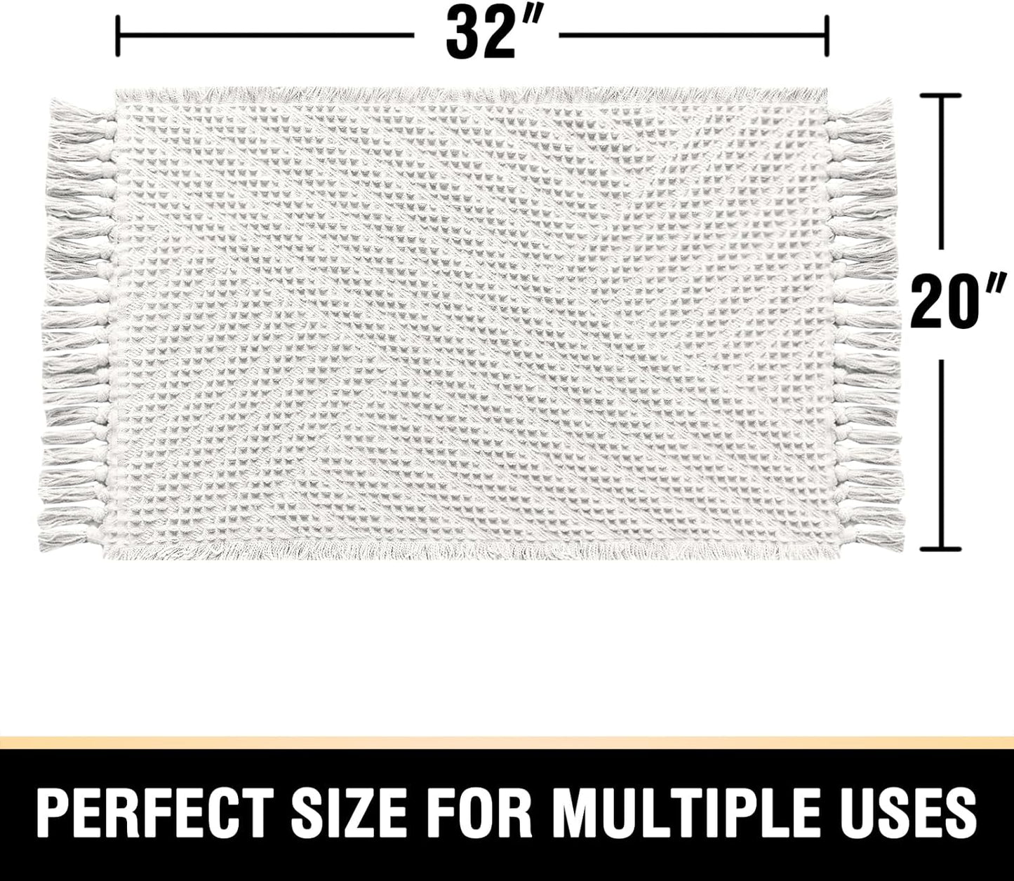 H.VERSAILTEX Waffle Bath Mat Super Absorbent Boho Bath Mat Non Slip Bath Rugs for Bathroom Floor Machine Washable Dry Fast Bathroom Rugs with Tassels, 20" x 32", Ivory White