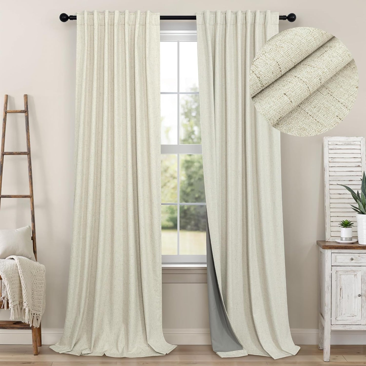 Pitalk Black Out 96 Inch Long Boho Curtains 2 Panel Set Farmhouse Curtain for Living Room Darkening Thermal Noise Reduction Textured Faux Linen Drape 8ft Back Tab Pocket Cream Beige 52x96 Floor Length