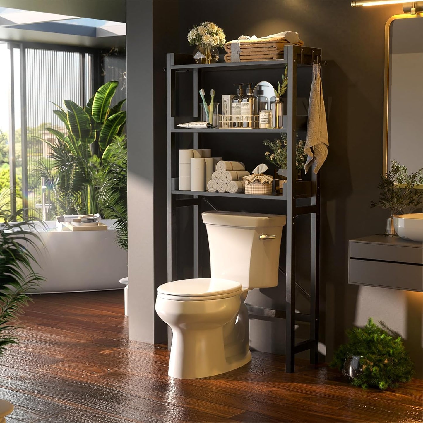 Over The Toilet Storage Rack - 3 Tier Bathroom Organizer with Shelves, Freestanding Space Saver Storage Rack Above Toilet Stand with 4 Hooks for Restroom, Laundry, Black