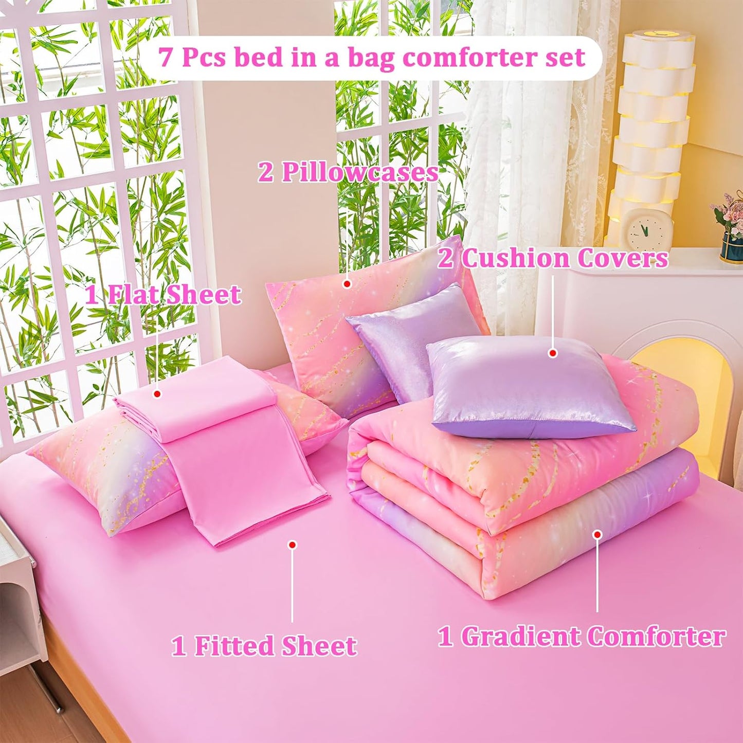 Rainbow Bedding Set Queen Size – 6-Piece Reversible Girls Comforter with Deep-Pocket Sheet, Gradient Galaxy Design, Whole-Piece Filling, Machine Washable Bed-in-a-Bag for Kids Room Makeover & Gifts