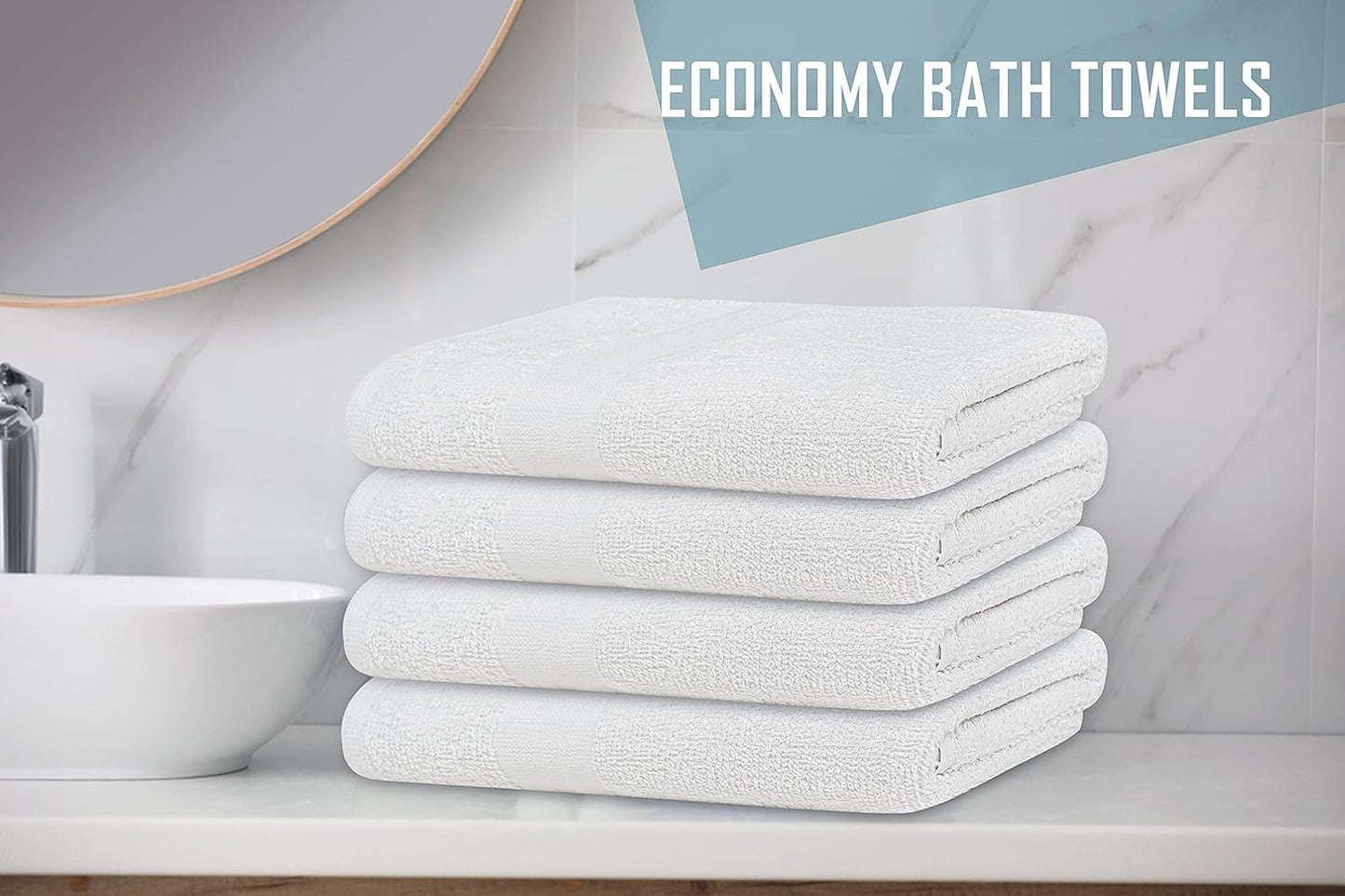 Pack of 24 White Bath Towels - Economy Cheap 22x44 Inches - Lightweight Quick Drying Towels Sets for Commercial Uses, Gym, Salon, Spa & Hair
