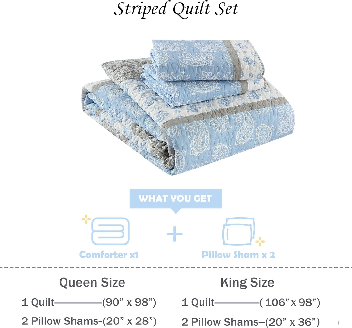 Quilt King Size, Cotton Bedding Set, Blue Striped King Size Comforter Set, Bohemian Bedspread with Shams for All Season, 3 Pieces