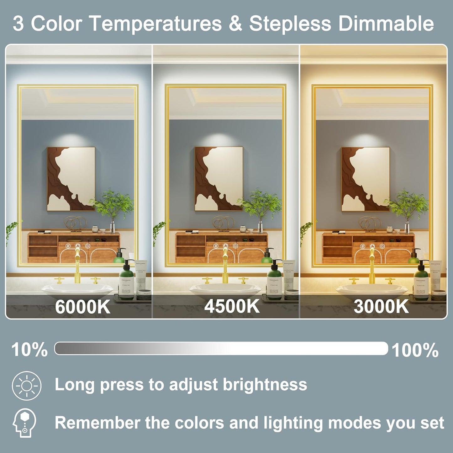 24x36 Inch Gold LED Bathroom Mirror with Front and Back Lighting, 3 Color Temp, Dimmable, Anti-Fog, Aluminum Frame Wall Mounted Lighted Bathroom Vanity Mirror