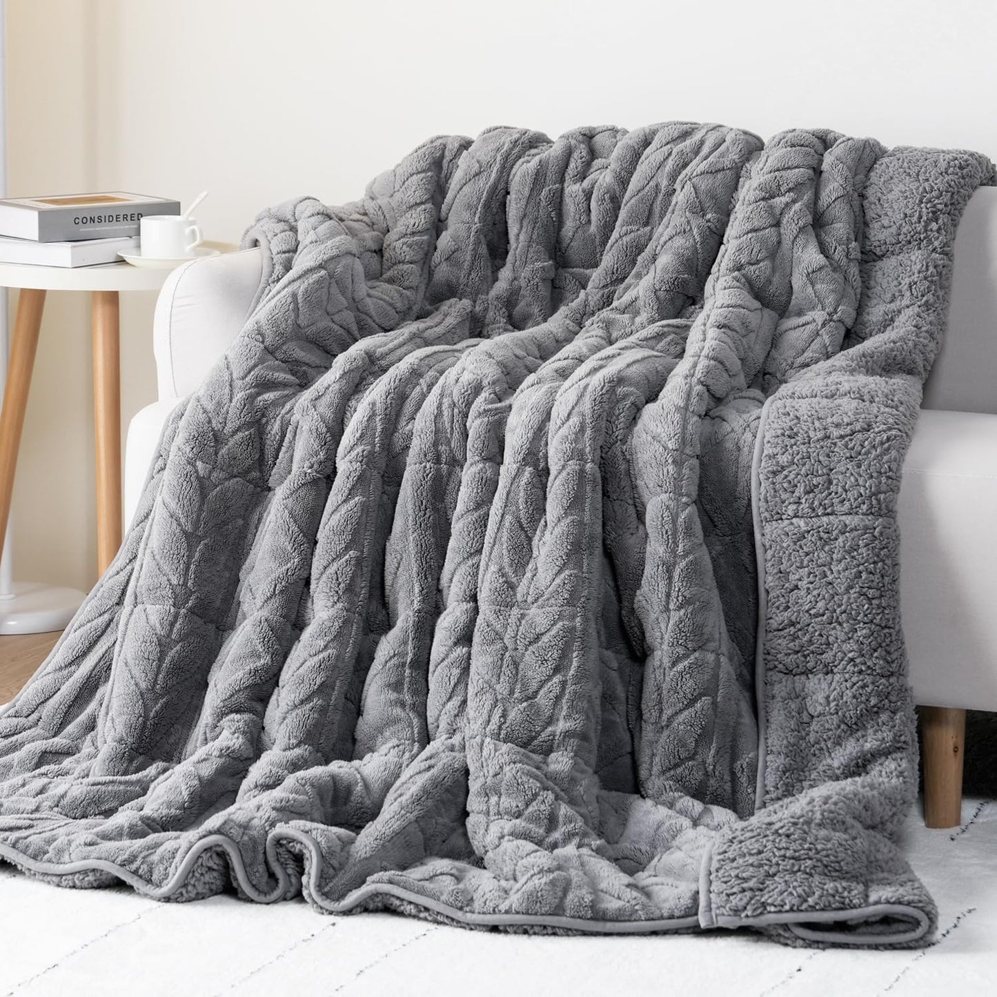 Cottonblue Jacquard Sherpa Weighted Blanket 15lbs for Twin/Full Bed - Ultra Soft, Cozy Comfort Blanket for Relaxation and Sleep, Heavy Bed Blankets with Cemaric Beads, 48x72 Inches, Grey