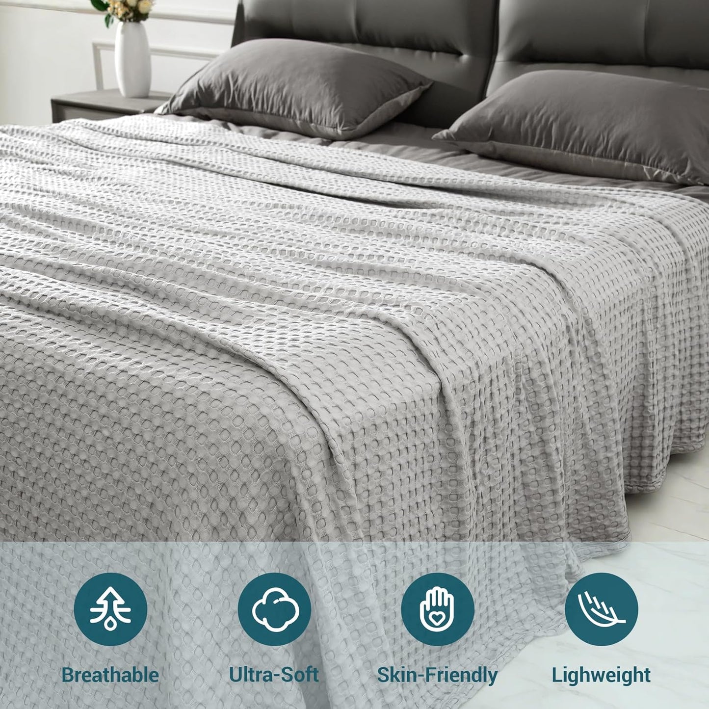 Aganear Waffle Blanket - Lightweight Breathable Summer Blanket of 50% Cotton and 50% Rayon Derived from Bamboo for Hot Sleepers Luxury Throws for Bed, Couch and Sofa,Grey,104x90 Inches