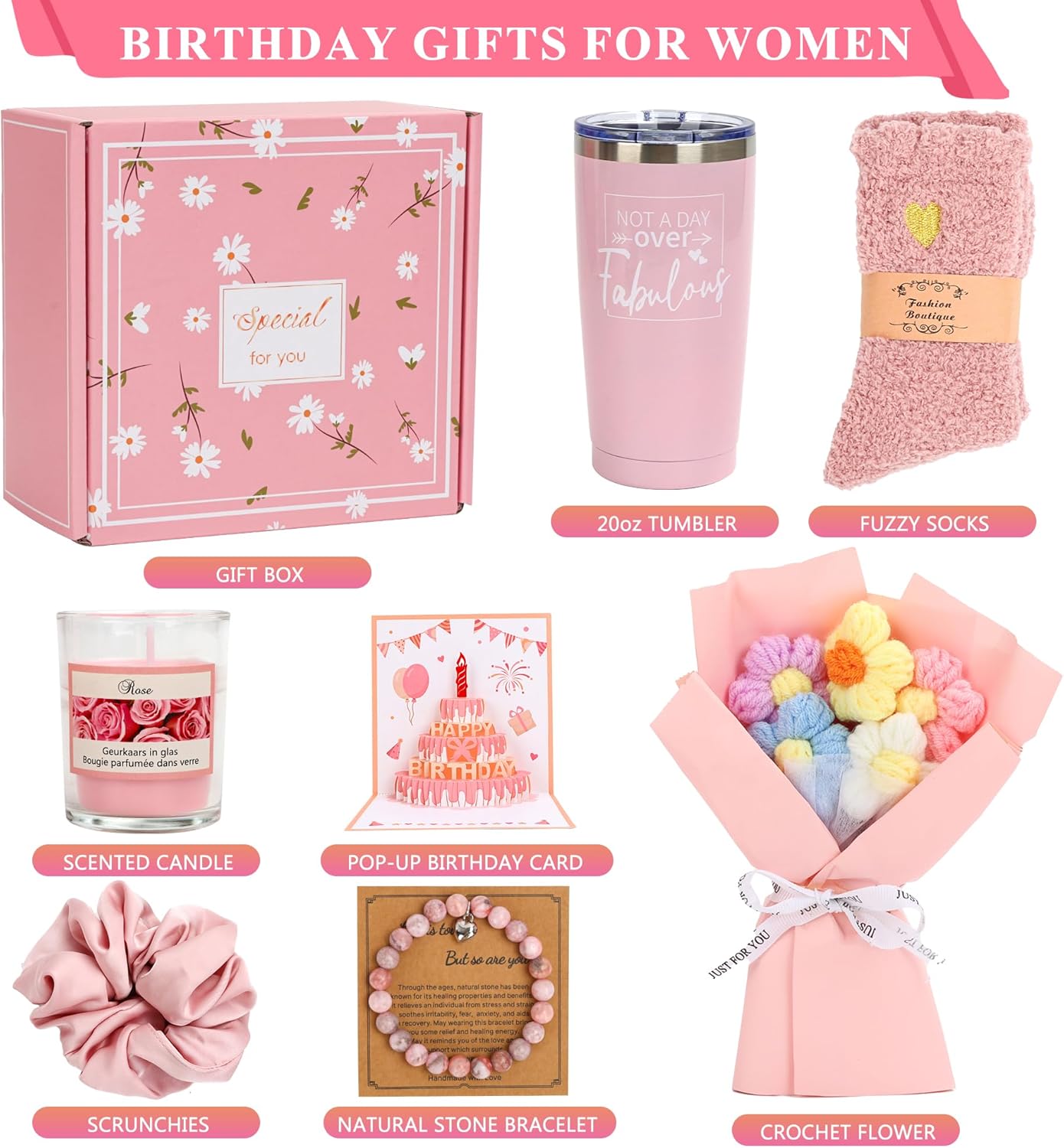 Birthday Gifts for Women Friendship, Pink Relaxing Spa Gifts Basket Set for Women, Self Care Gifts Unique Happy Birthday Gift Idea for Mom Her Best Friends Sister Wife Coworker Teacher (Pink)