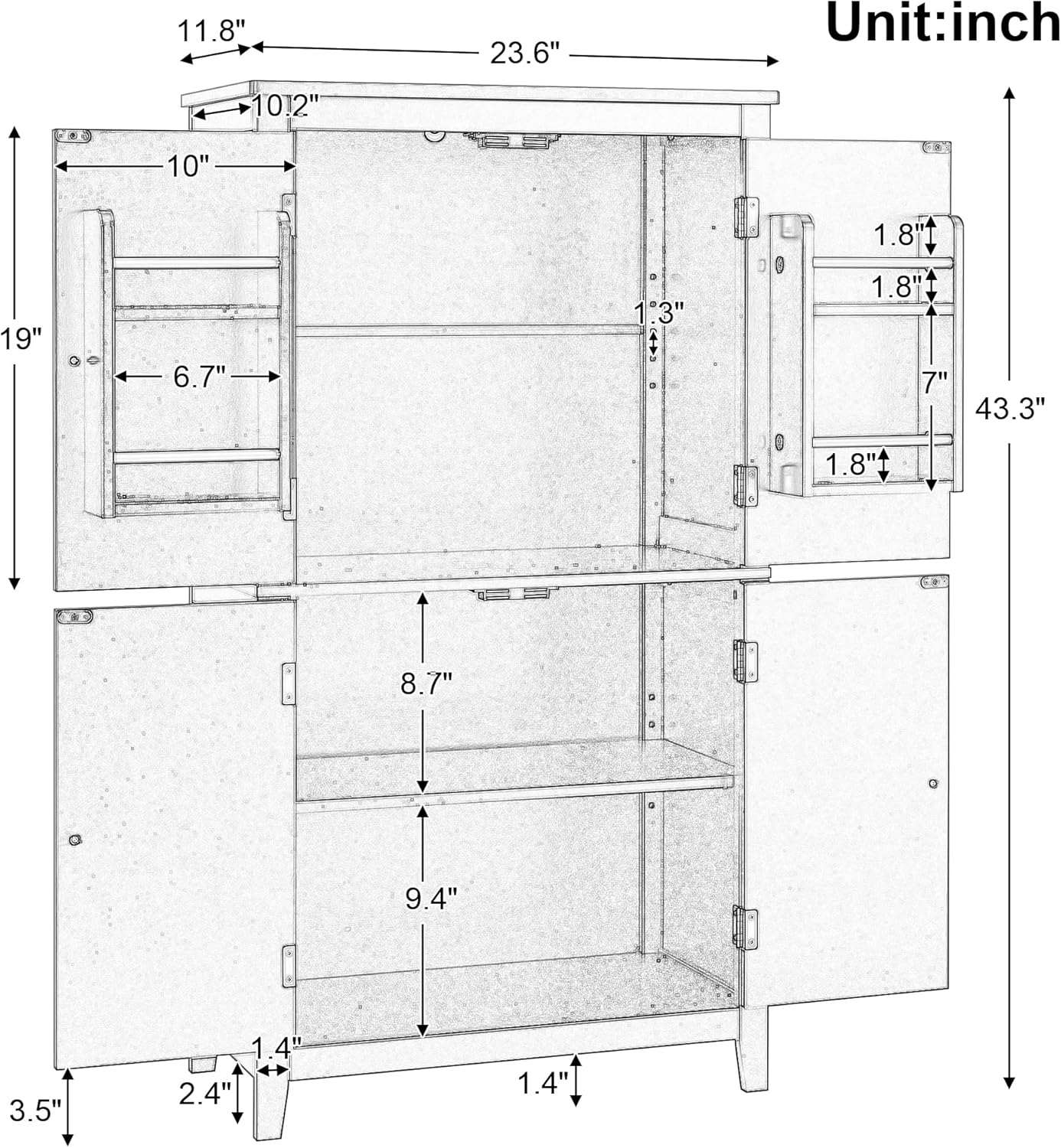 Freestanding Storage Cabinet with 4 Doors,Elegant Organizer Unit with Adjustable Shelves, Sturdy MDF Frame, Anti-Tipping Design, Large Capacity for Bathroom, Kitchen, Office, Home, Black
