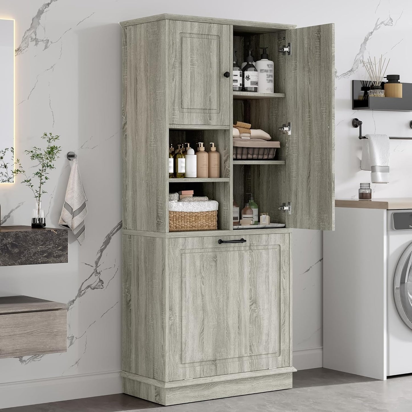 Tall Storage Cabinet with Adjustable Shelves & Flip-Out Basket, MDF Material with Aluminum Alloy Handles, Large Capacity for Bathroom, Kitchen, Living Room, Office Organizer, Oak