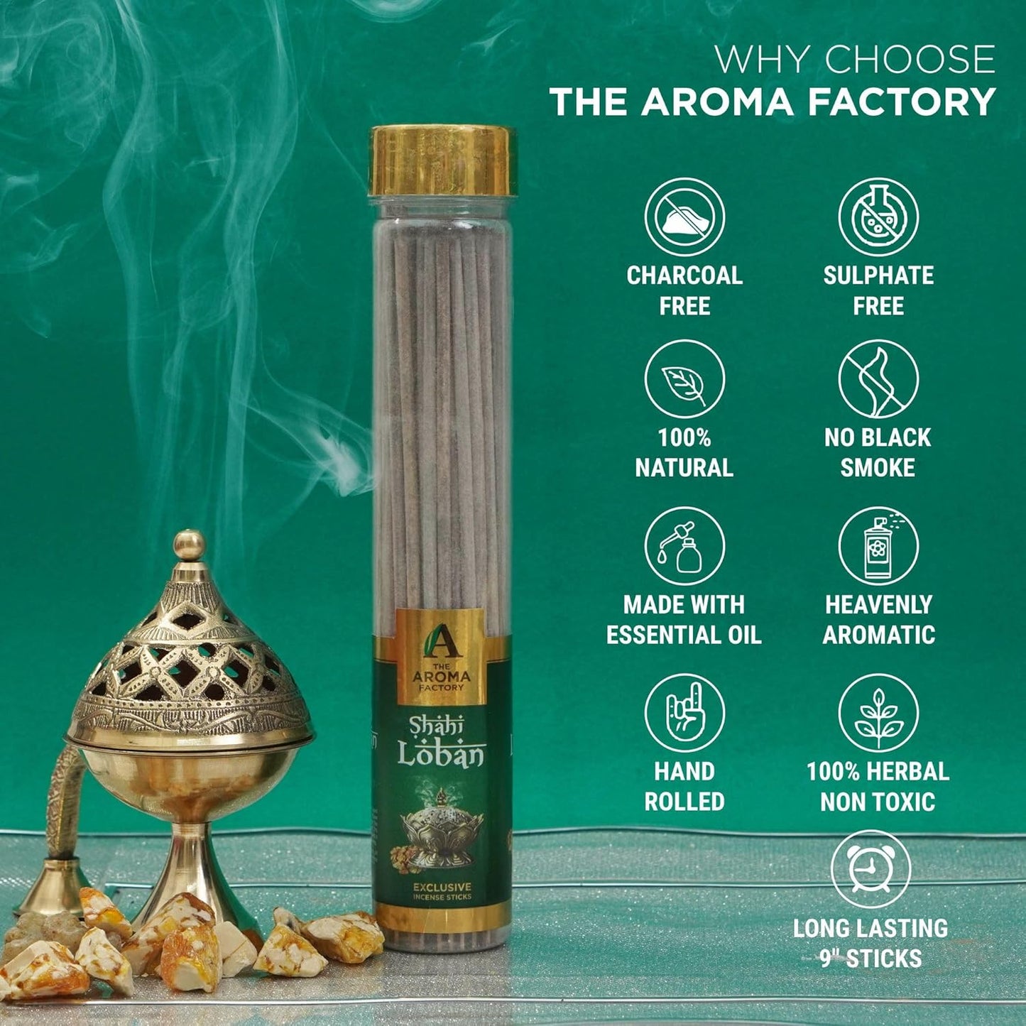 The Aroma Factory Organic Incense Sticks Shahi Loban | No Charcoal | 100% Herbal | Natural Essential Oils, Low Smoke | 100% Herbal Fragrance Pooja Agarbatti | 1x100g Bottle