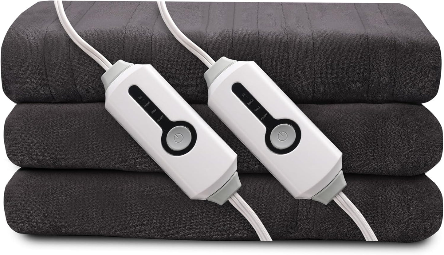 Electric Heated Blanket 90"x100" King Size, Soft Coral Fleece, Dual Controllers with 4 Heating Levels and 10 Hours Auto-Off, Machine Washable, Cozy Plush Fabric for Home, Dark Gray