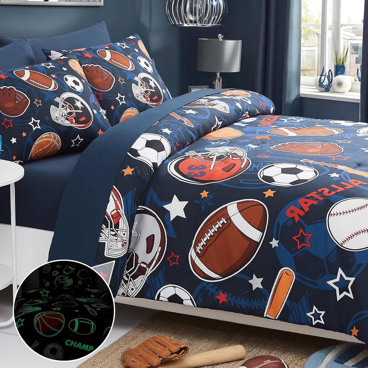 Twin Comforter Set for Boys-5 Pieces Sports Ball Games Glow in The Dark Twin Bedding Sets for Kids, Ultra Soft Bed in A Bag with Sheets