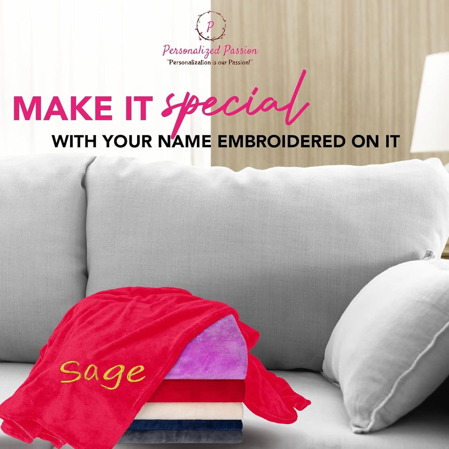 Personalized Blankets for Adults - Custom Blanket with Embroidered Name or Monogram - Soft Fleece Throw Cover for Bed & Couch - Red (60"x80")