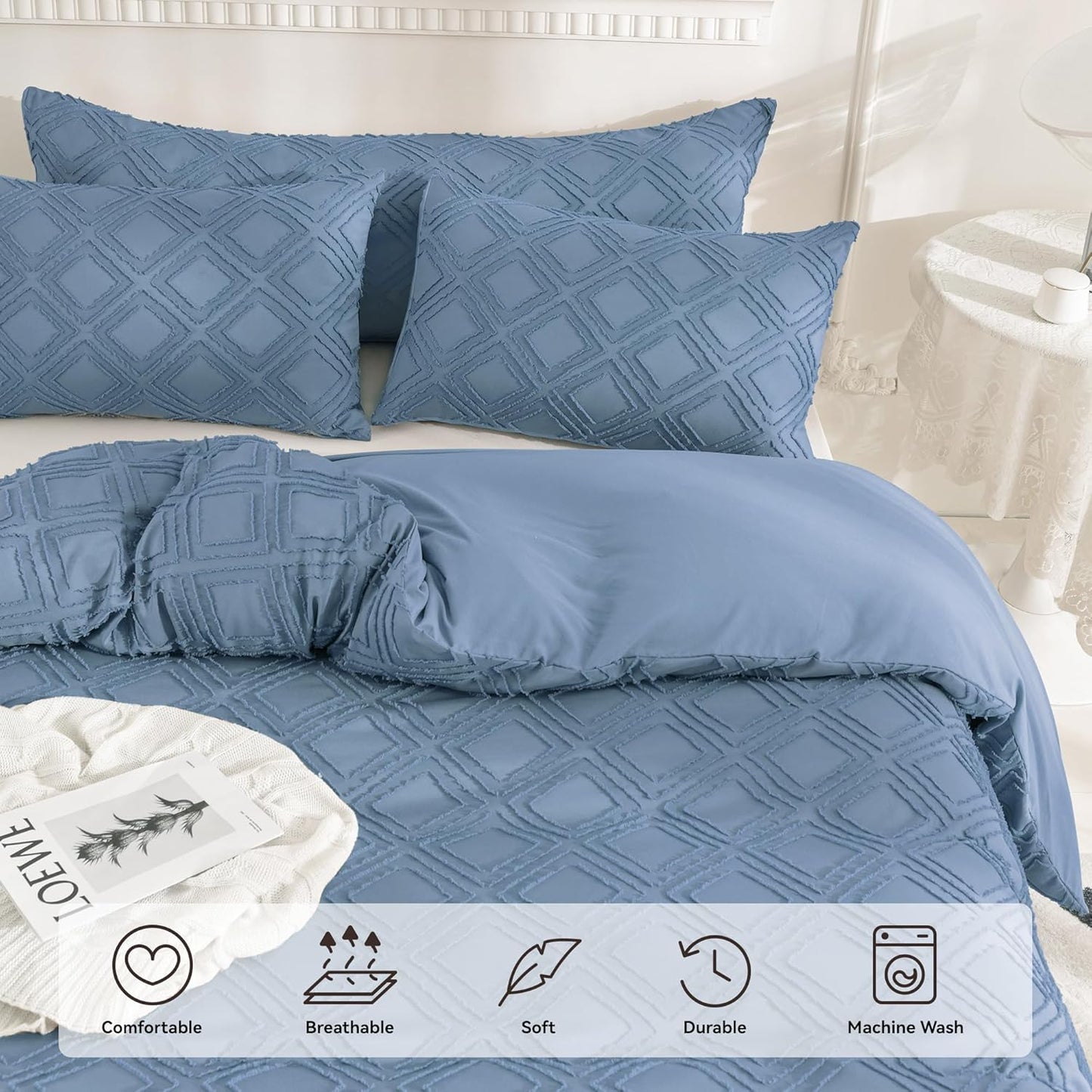 JELLYMONI Duvet Cover Queen Size Blue - 3PCS Boho Duvet Cover Set Plaid Polyester Tufted Bohemian Jacquard Knit Textured Comforter Cover 90×90in Rhombic Geometric Pattern Zipper Corner Tie