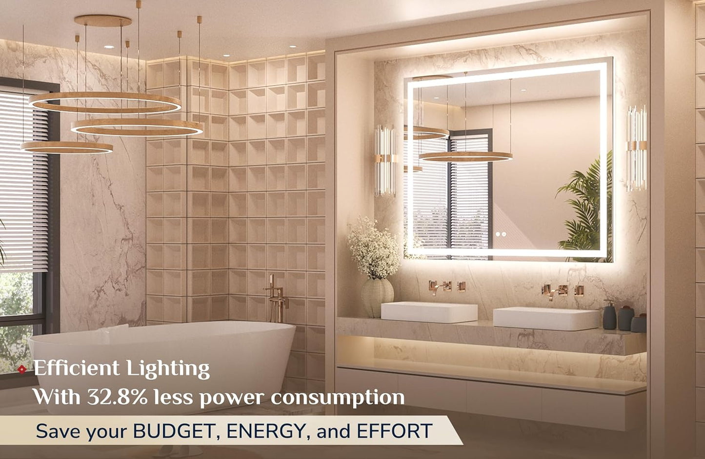 Keonjinn 48 x 40 Inch LED Bathroom Mirror with Lights, Bighter Frontlit & Backlit Vanity Mirror with Stepless Dimmable 3-Color, Anti-Fog Mirror for Wall, HD Tempered Glass, Memory Founction, CR90+