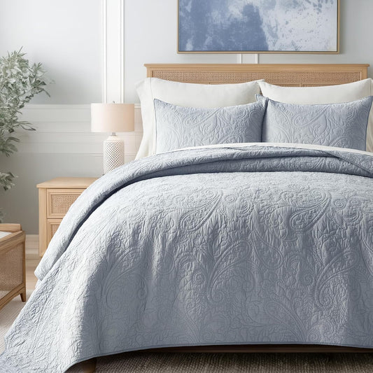 EVERGRACE 100% Cotton Paisley Quilt Set, King Size 3 Piece Set – Prewashed Lightweight Bedspread with 2 Shams, Soft & Breathable Matelasse Coverlet for All-Season Comfort, Pearl Blue