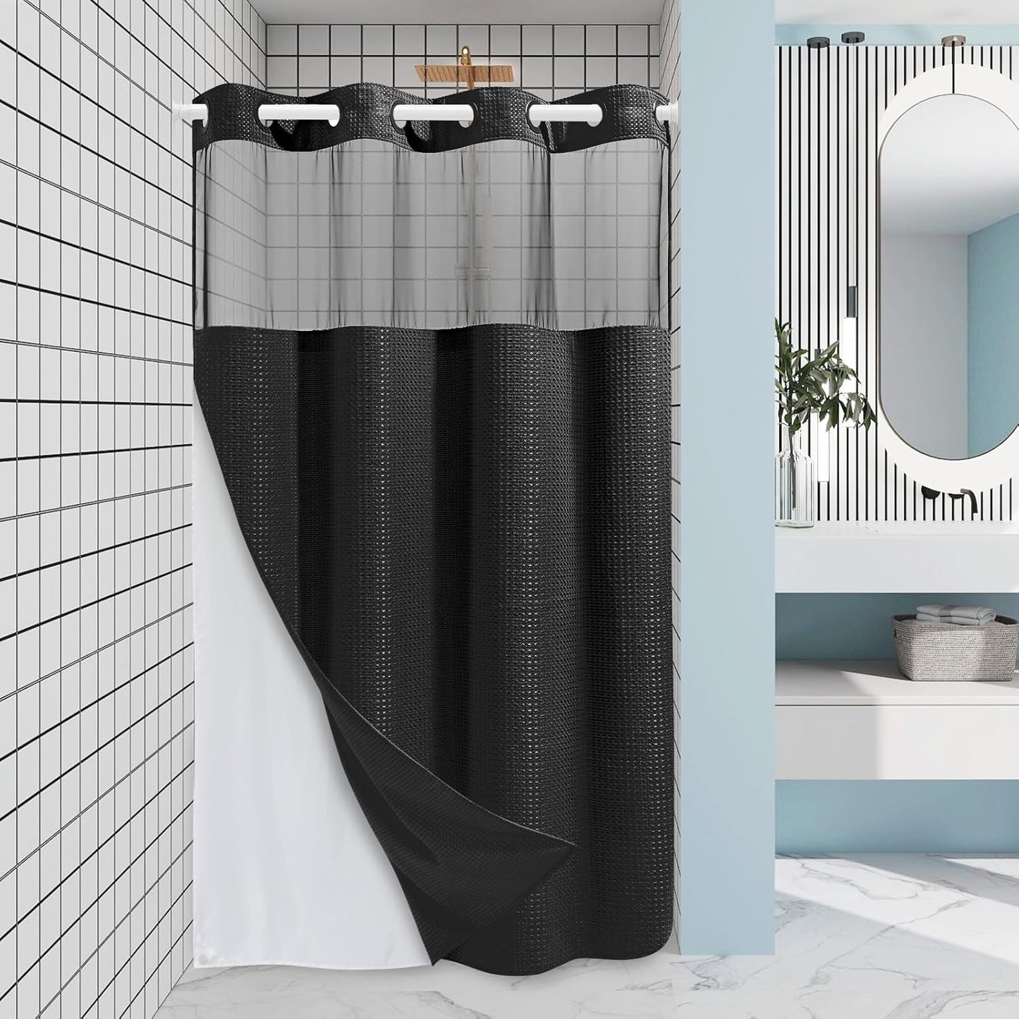 Stall No Hook Shower Curtain with Snap in Liner,230GSM Waffle Weave Shower Curtains for Bathroom,60W x 74H,Black