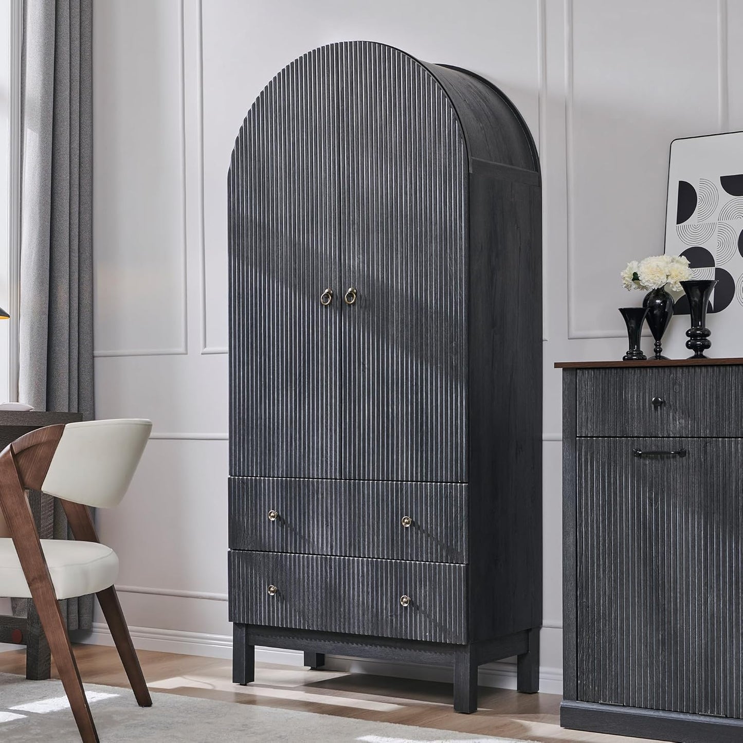 71" Tall Arched Bathroom Storage Cabinet, Modern Fluted Cabinet Storage with 4 Shlves and 2 Drawers, Floor Cabinet for Bathroom, Living Room, Kitchen, Dark Gray