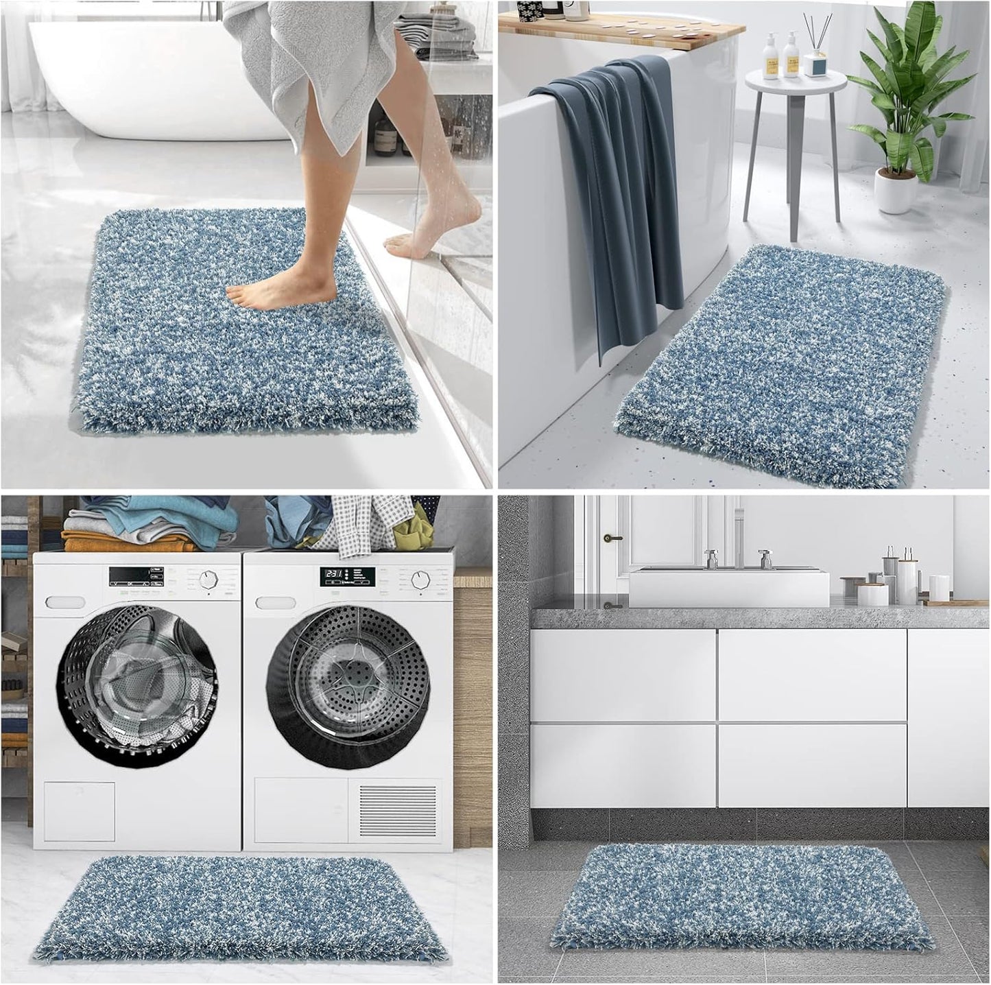 Yimobra Luxury Bathroom Rugs, Fluffy Bath Mats, Non Slip, Water Absorbent Microfiber, Machine Washable, Plush Runner Shower Rugs, Thick Matts for Bathroom Floor&Tub, 60"x 24", Denim Blue and White