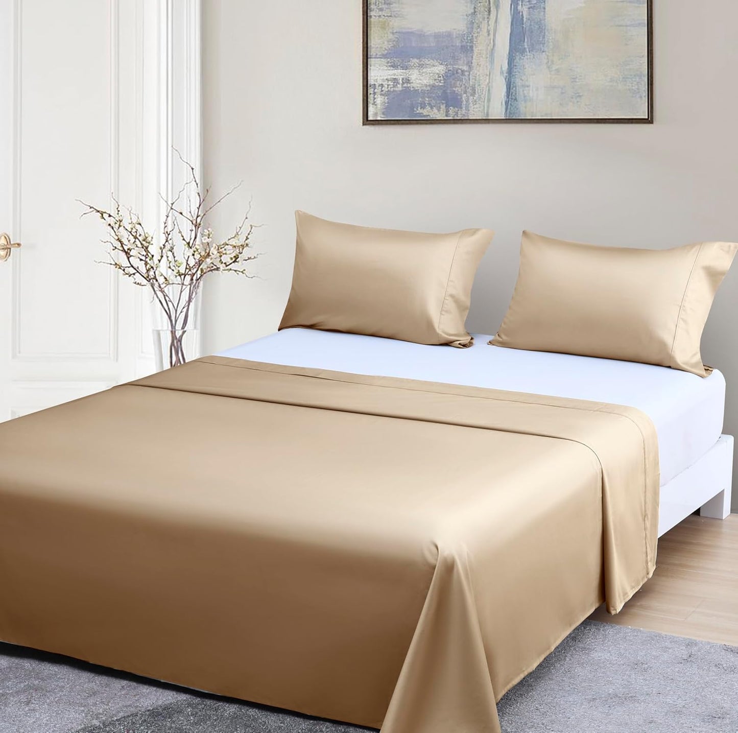Beckham Hotel Collection Queen Sheet Set 100% Cotton, 500TC Luxury Sateen Bedding, 16” Deep Pocket, Moisture-Wicking, 4-Piece, Sand