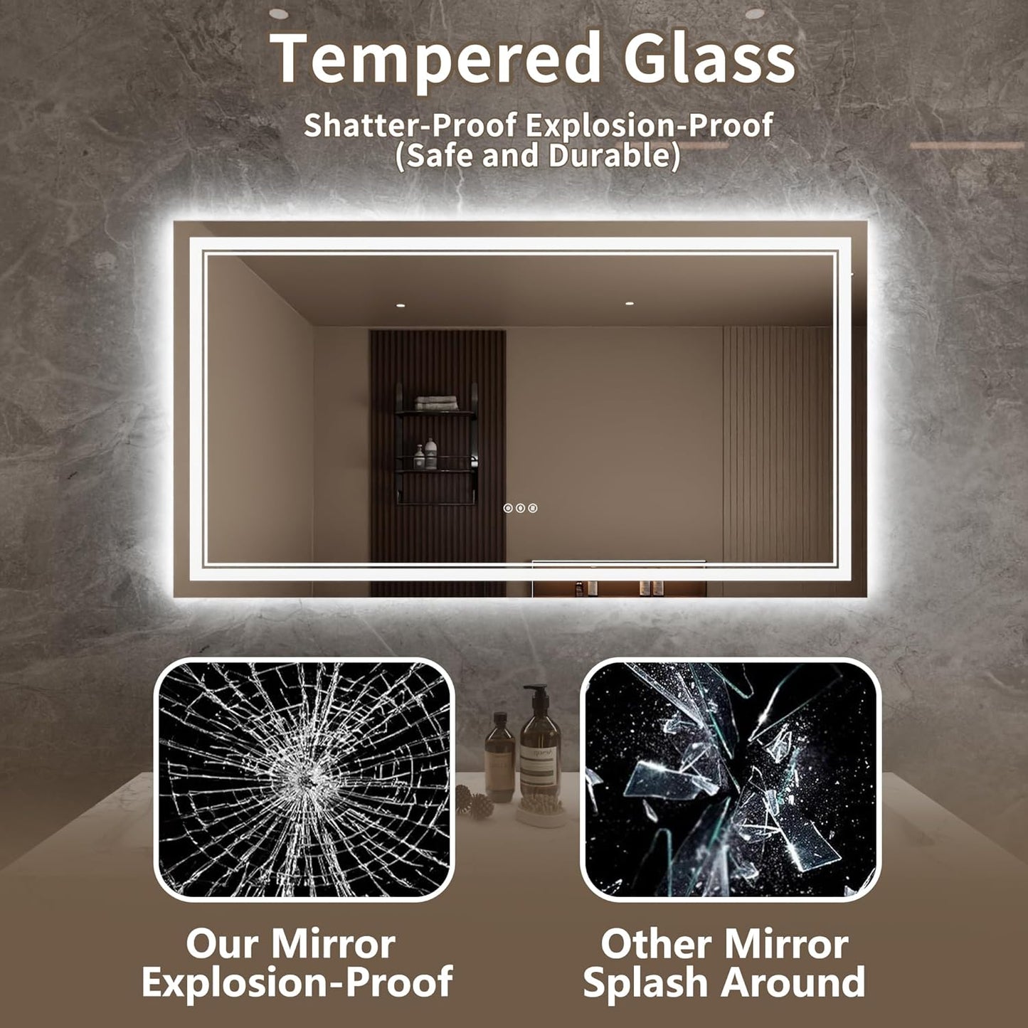 Bathroom Mirror with Lights 30"X55" with Front Light and Backlit, Tempered Glass, Wall Mount Horizontal/Vertical, Stepless Dimmable, 3 Colors, Anti Fog, Bathroom Memory LED Mirror