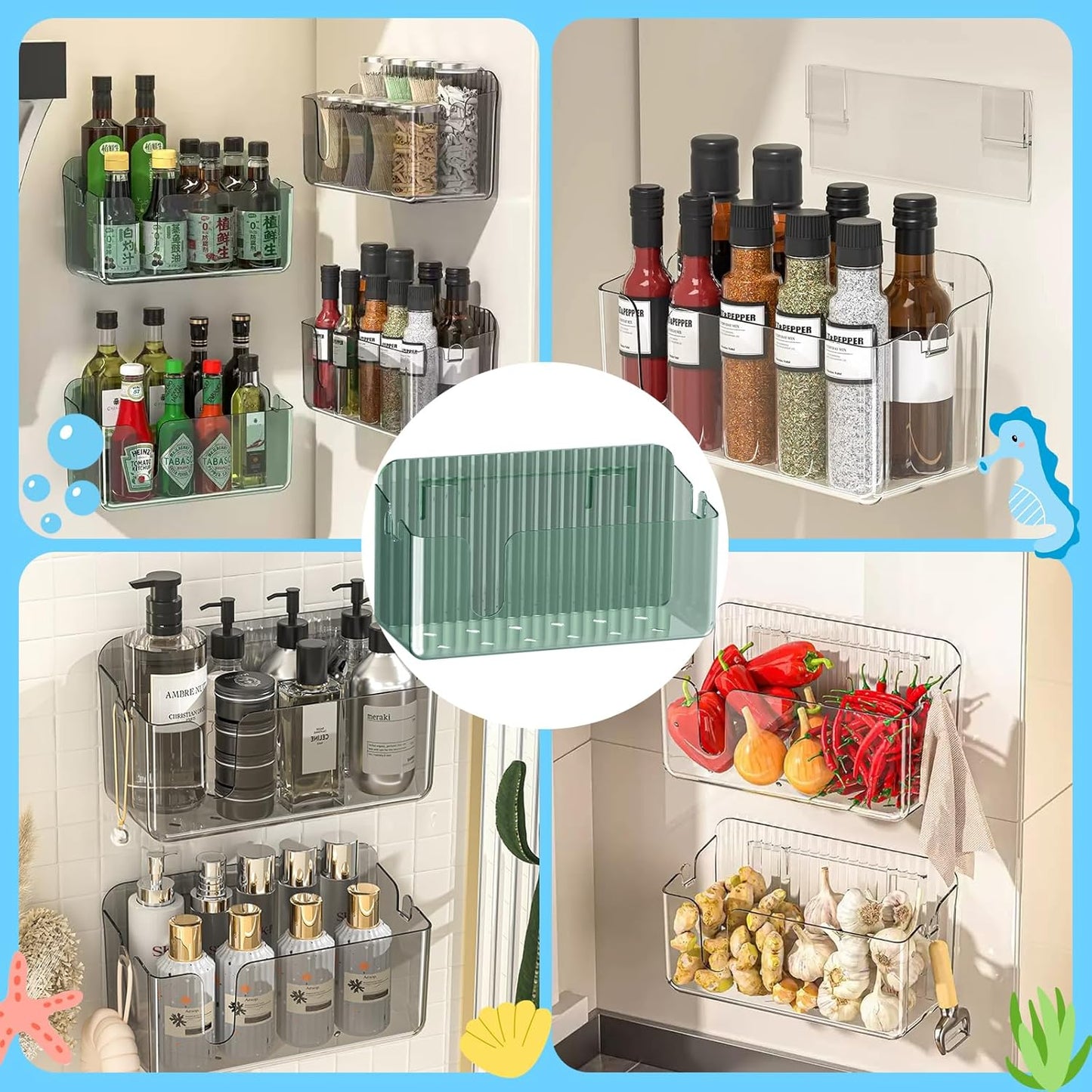 2-Pack Clear Bath Toy Storage Holder Organizer, Large Capacity Durable Plastic Bathtub Shower Caddy with Drain Holes, Quick-Dry Drainable Easy Install (Transparent Green 2-Pack)