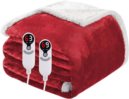 Electric Heated Blanket Queen Size 84"x90", Soft Flannel with Dual Controllers & Overheat Protection, 6 Adjustable Heat Settings & 10-Hour Auto-Off Timer, Fast Heating for Winter Comfort, Red