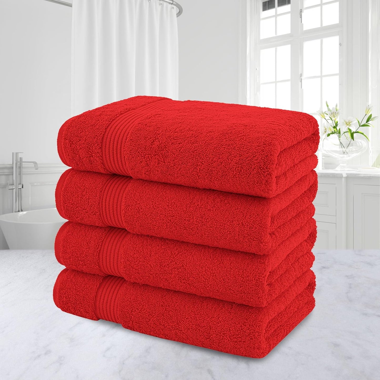 American Veteran Towel, 100% Cotton Turkish Bath Towels for Bathroom 4 Pack, 27x54 Extra Large Premium Soft Drying Bathroom Towels, Red