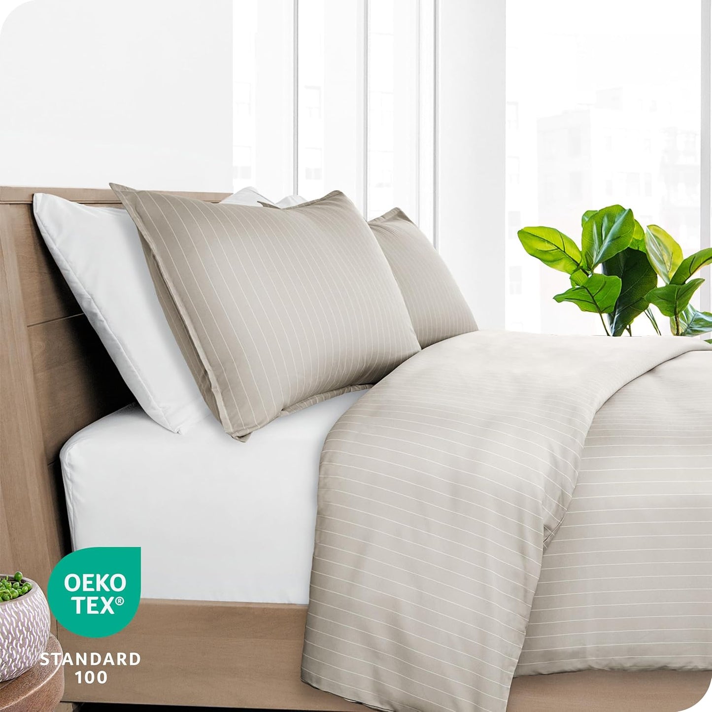 Bare Home Bedding Duvet Cover Extra Long Size - Premium 1800 Super Soft Collection - Lightweight, Cooling - Soft Textured (Twin/Twin XL, Pinstripe - Stone/White)