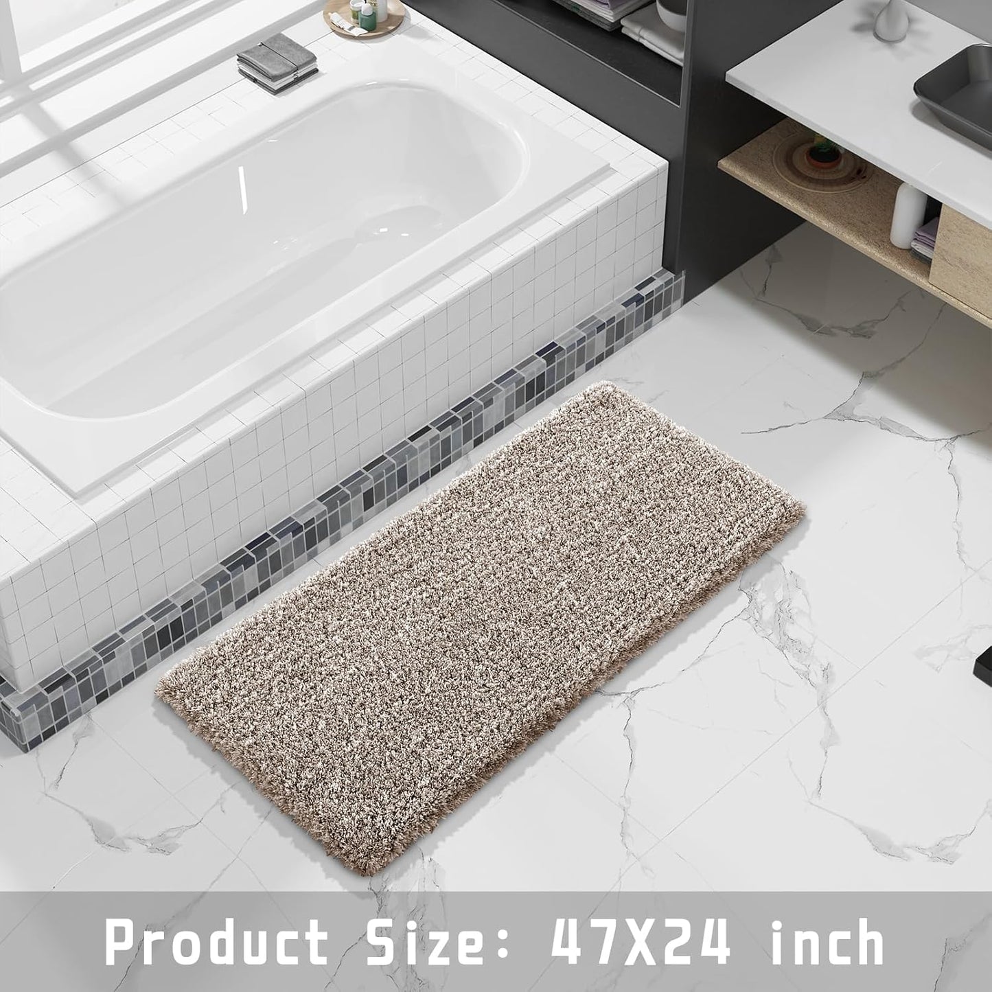 Yimobra Luxury Bathroom Rugs, Fluffy Bath Mats, Non Slip, Water Absorbent Microfiber, Machine Washable, Plush Runner Shower Rugs, Thick Matts for Bathroom Floor&Tub, 47"x 24", Light Brown and White